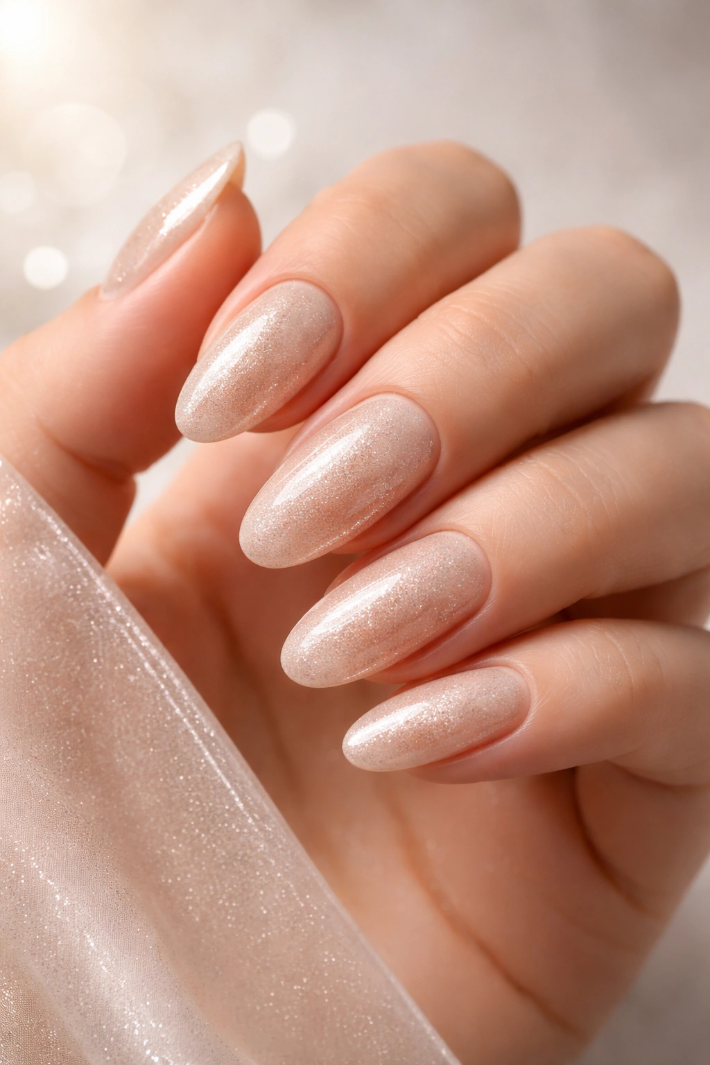 Champagne-colored nails with subtle shimmer on a hand