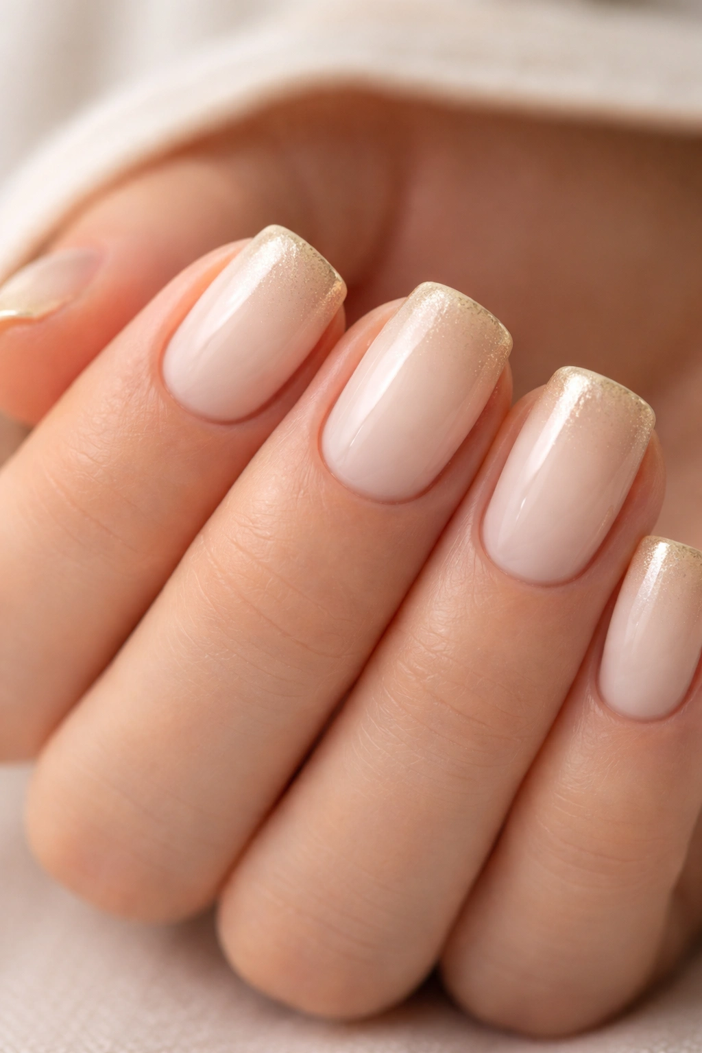 Close-up of short squoval nails with creamy base and pale champagne to nude gold tips