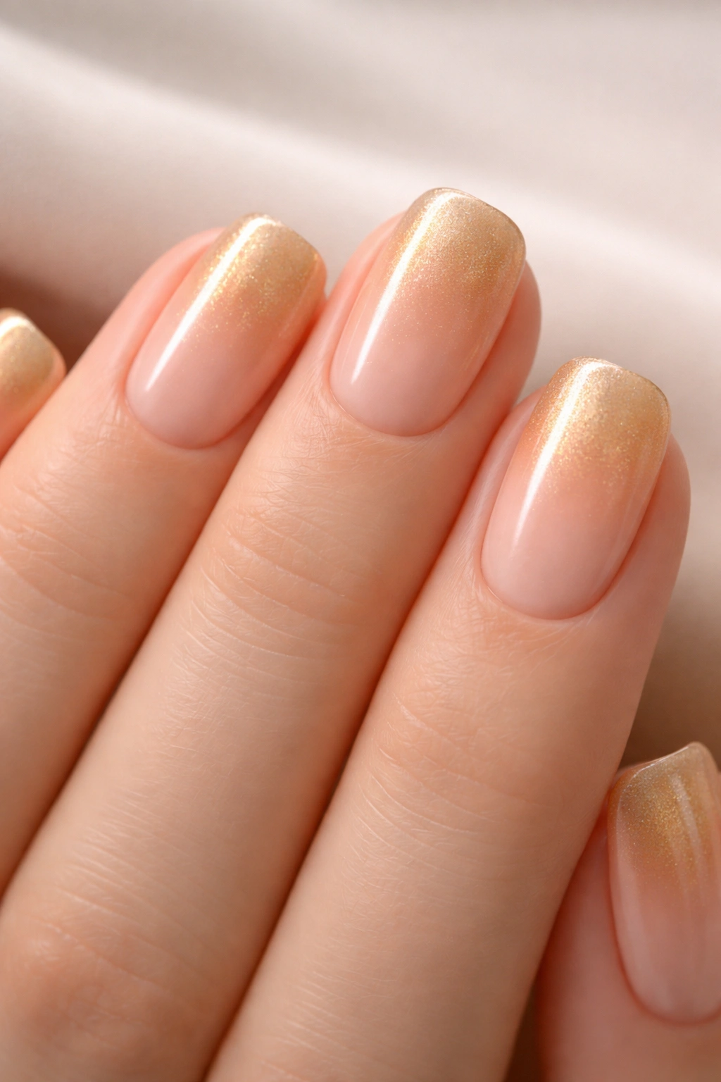Close-up of champagne nude nails with warm golden aura on short squoval nails