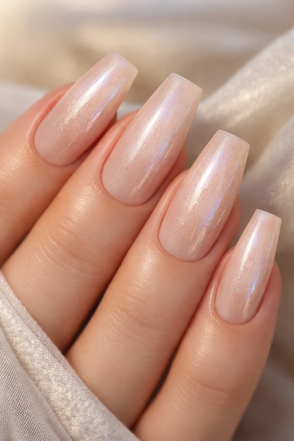 Close-up of champagne nude coffin nails with rainbow shimmer