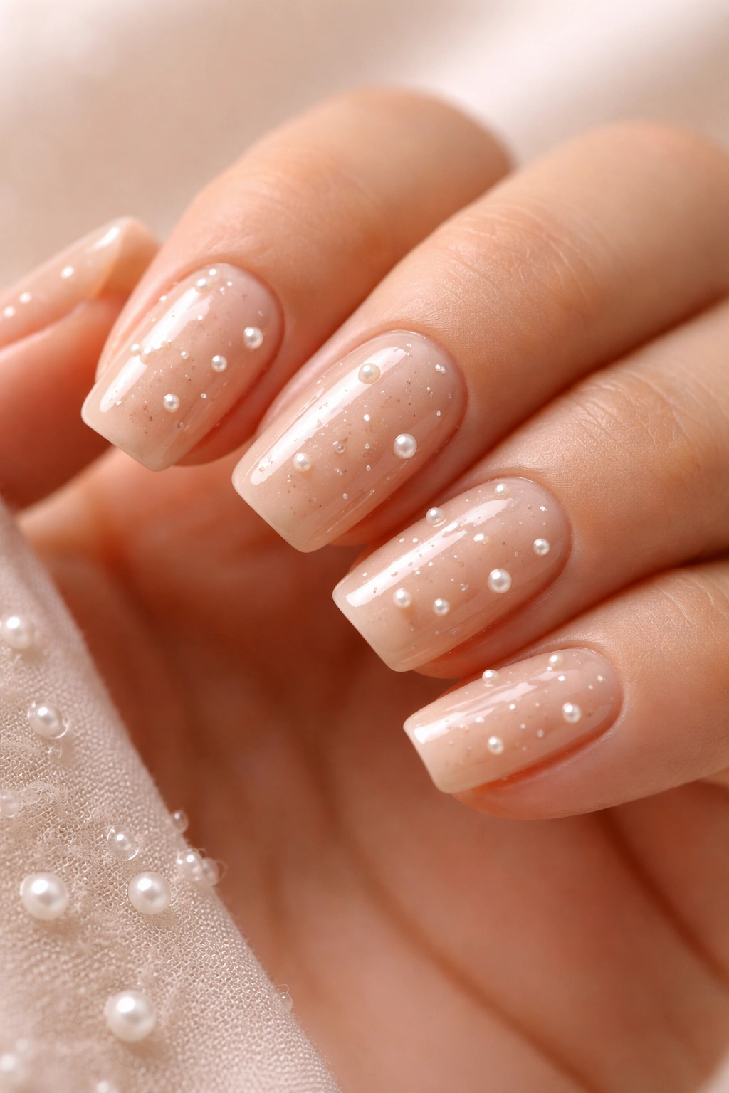 Champagne nude nails with scattered pearl beads on short acrylic nails
