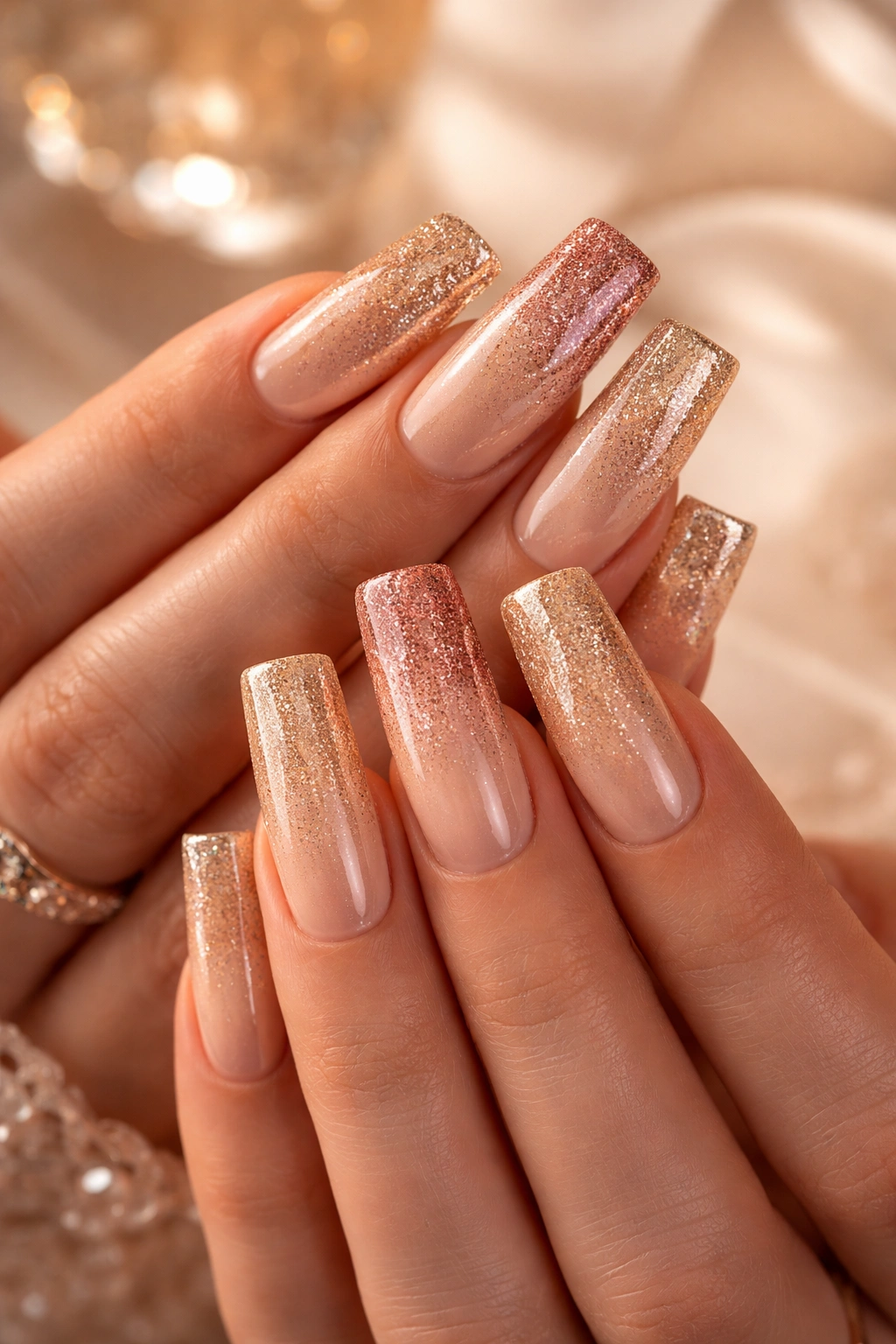 Close-up of champagne ombre duck nails with warm gradient