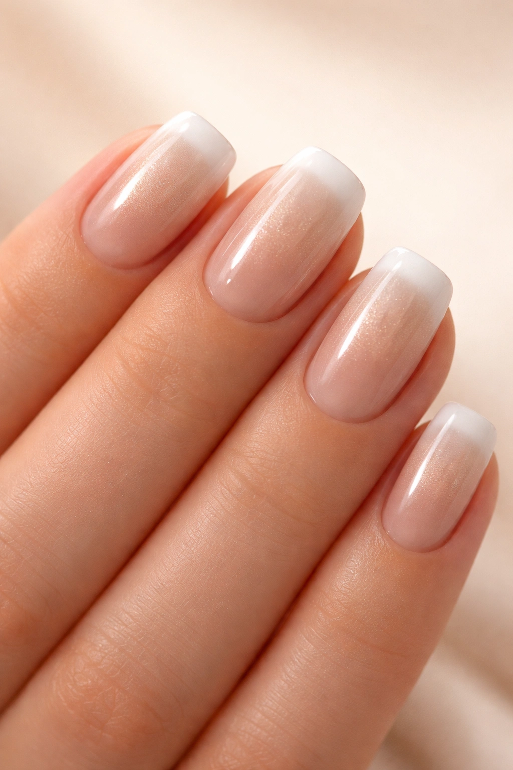 Close-up of champagne to white ombre on short squoval nails