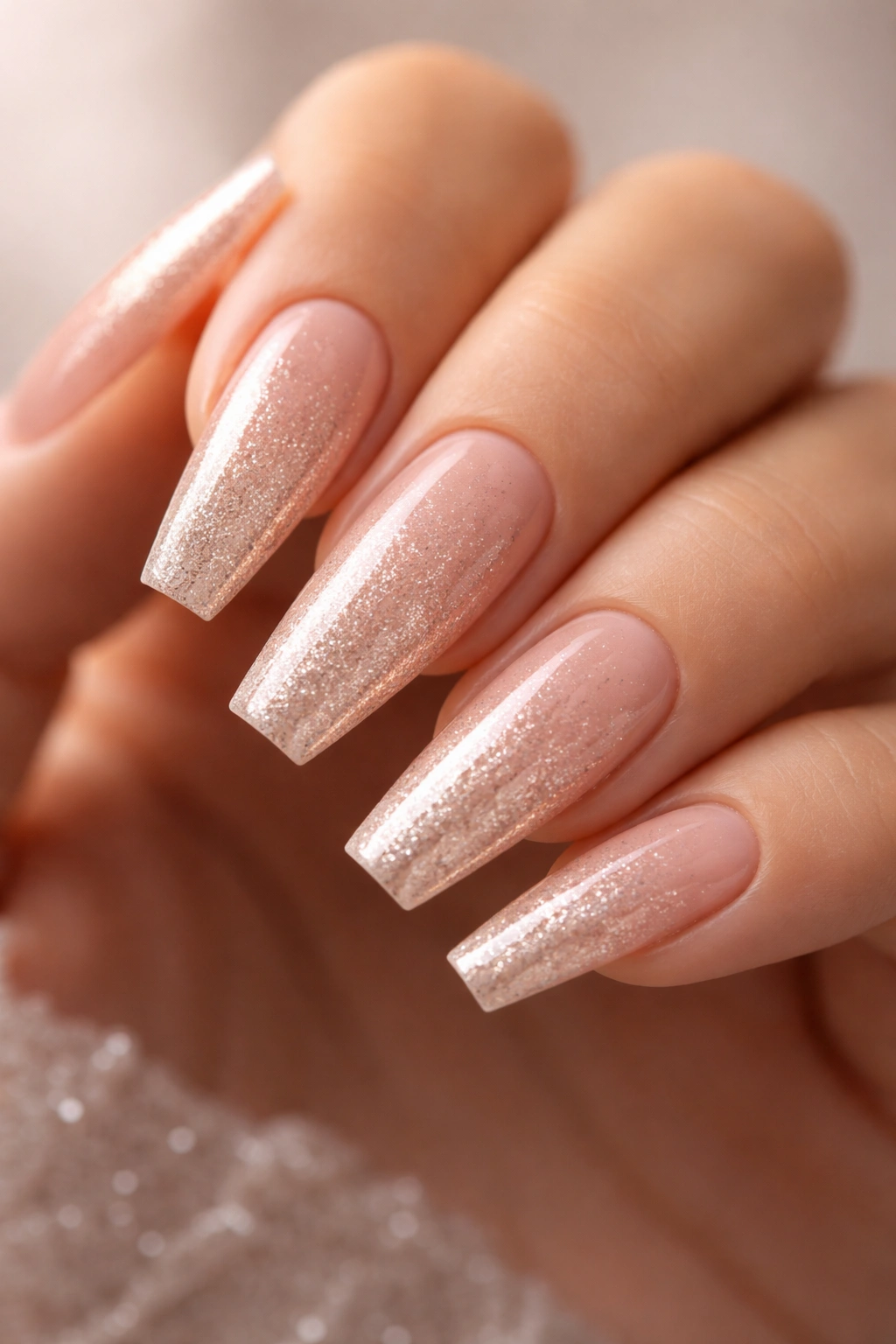 Close-up of champagne ombre nails with fine gold-beige shimmer