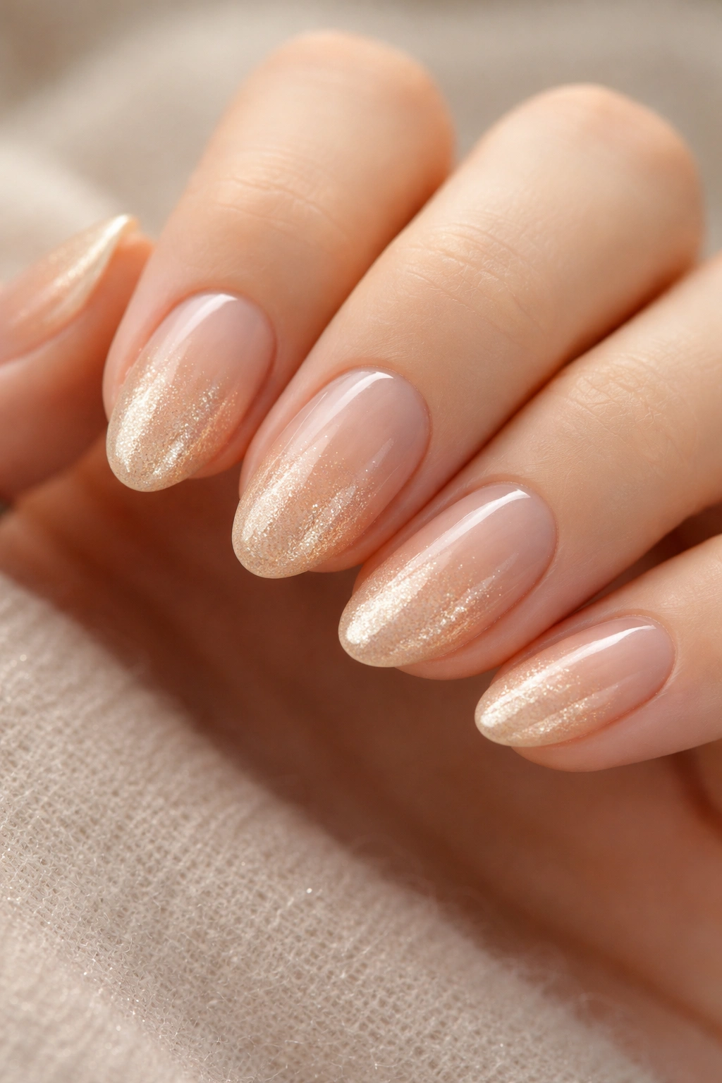 Close-up of short almond nails with champagne ombre and subtle center-tips shimmer