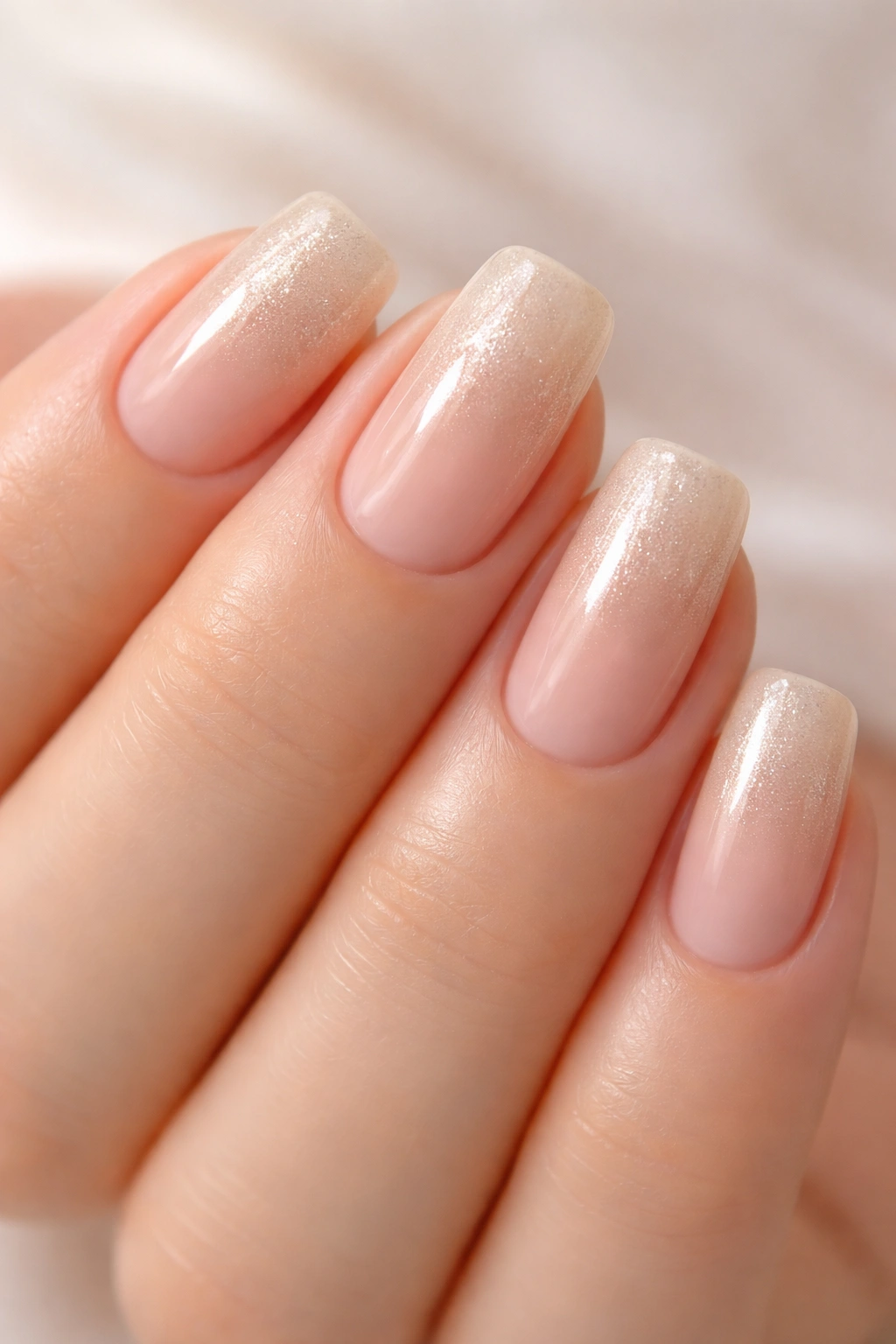 Champagne to nude ombré squoval nails on a hand