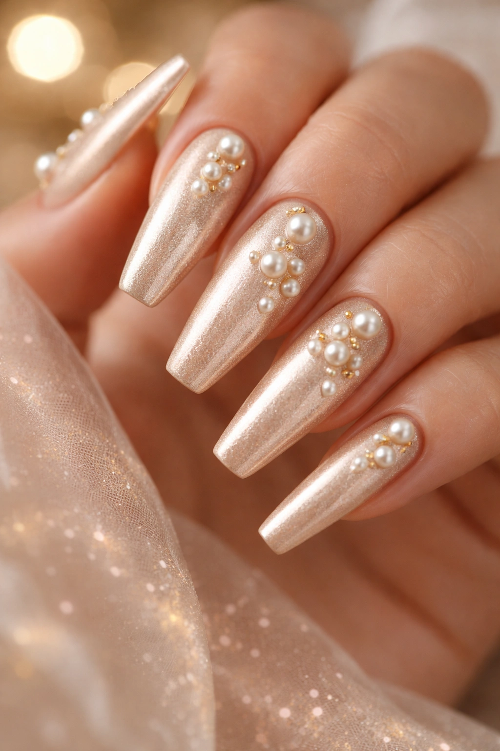 Close-up of champagne coffin nails with pearl accents