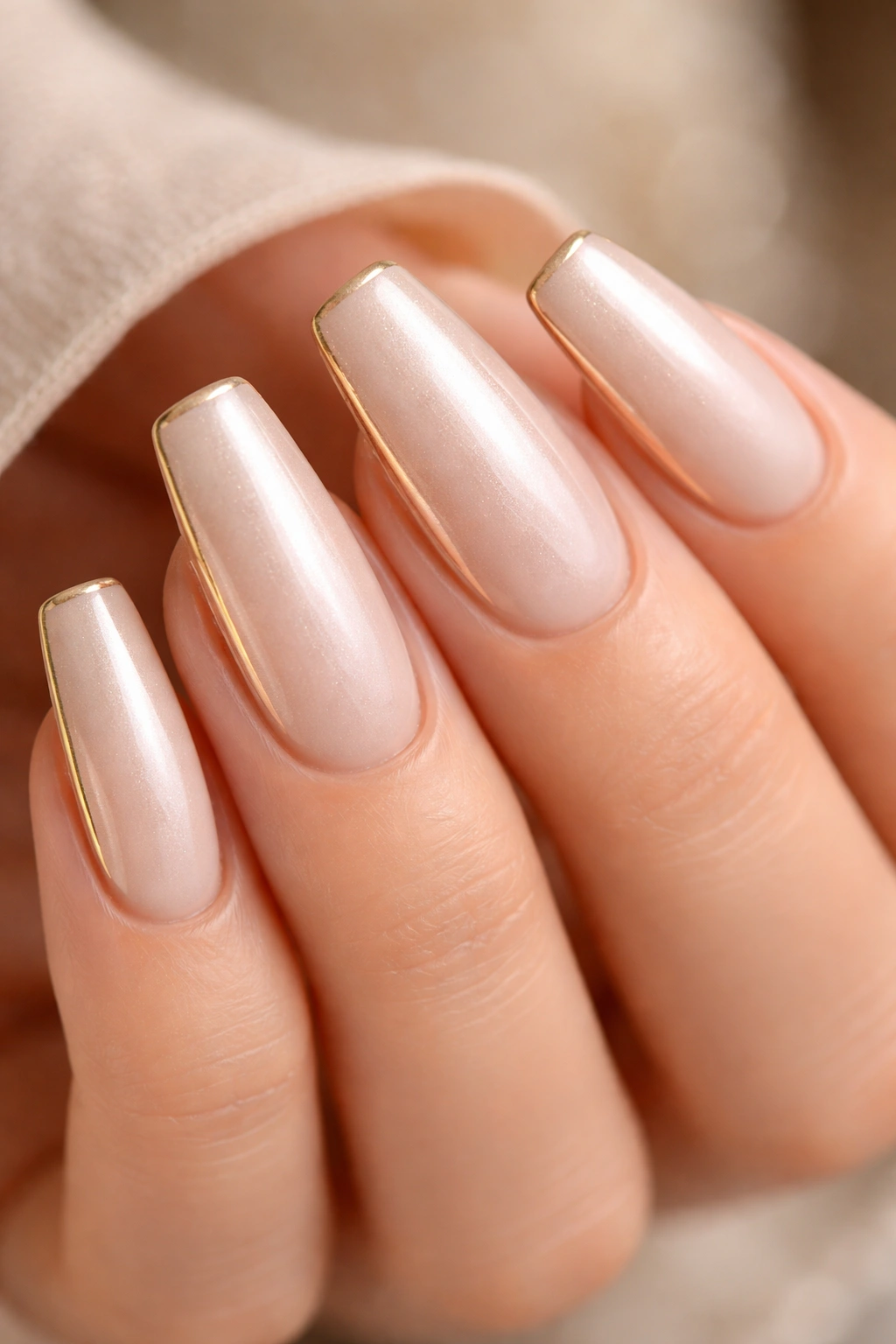 Champagne pearl ballerina nails with soft gold lining on hand