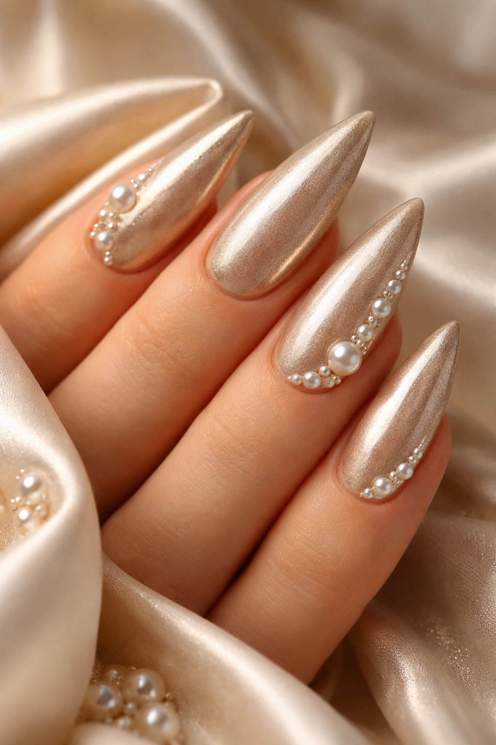 Champagne metallic nails with pearl gems along the sides