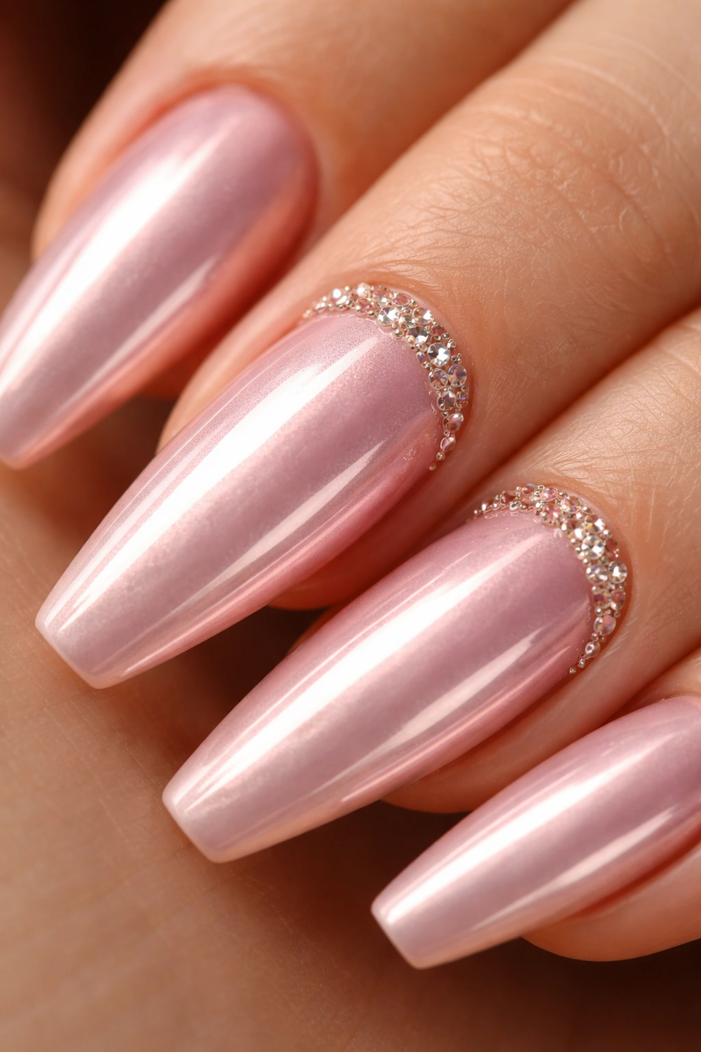 Close-up of champagne-pink chrome nails with tiny crystals at the cuticle