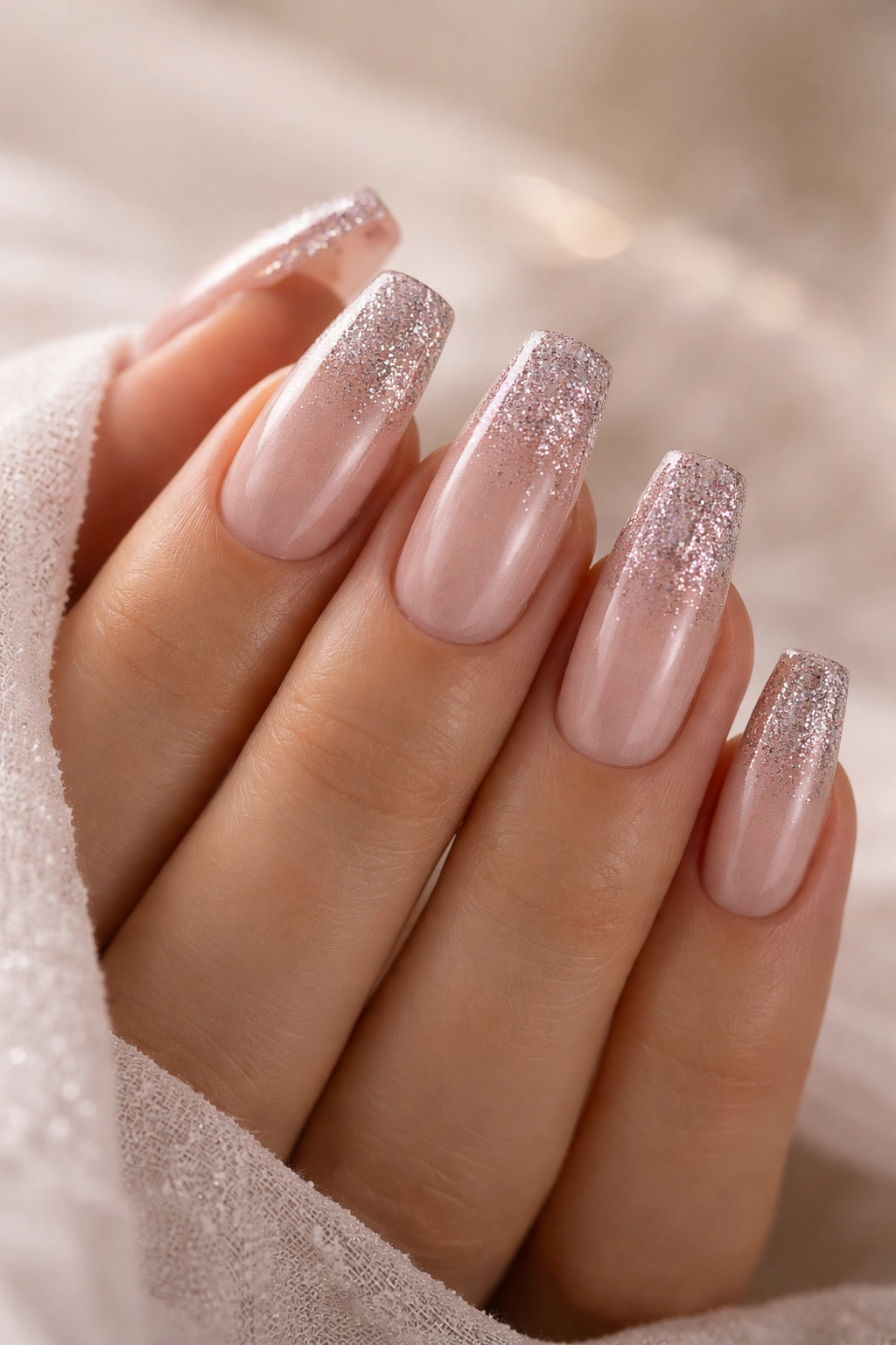 Close-up of champagne-pink nails with glitter tip on a bare hand