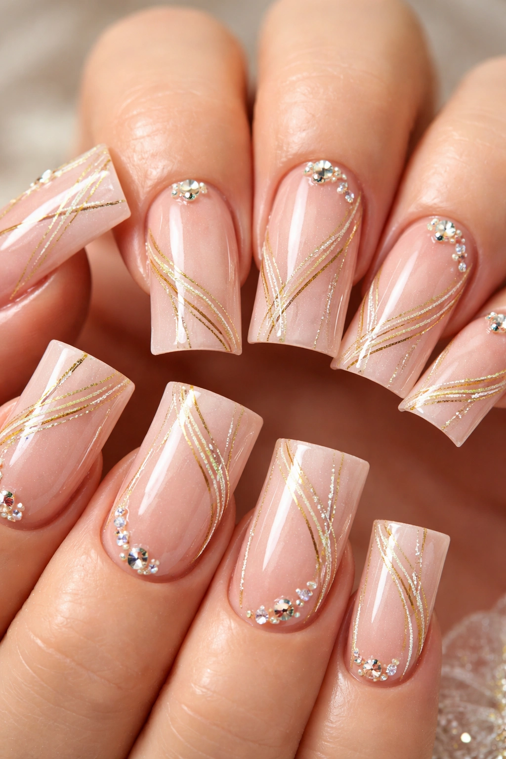 Close-up of champagne pink duck nails with delicate gold stripes and rhinestones