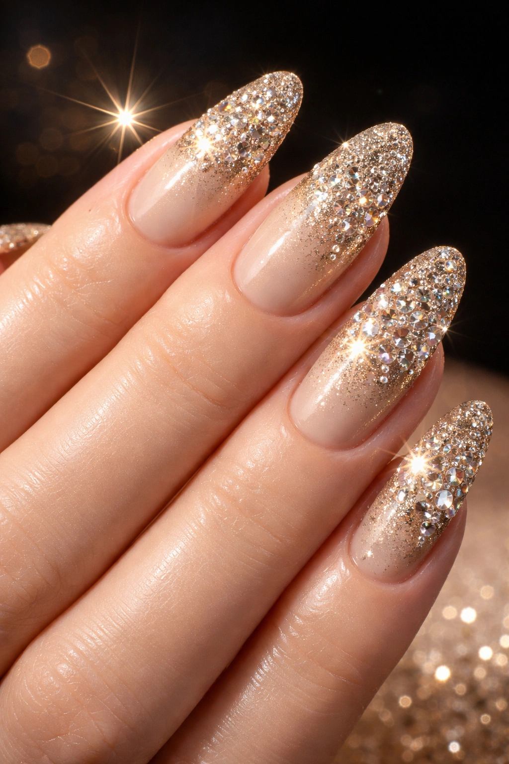 Close-up of champagne gold nails with rhinestone gradient