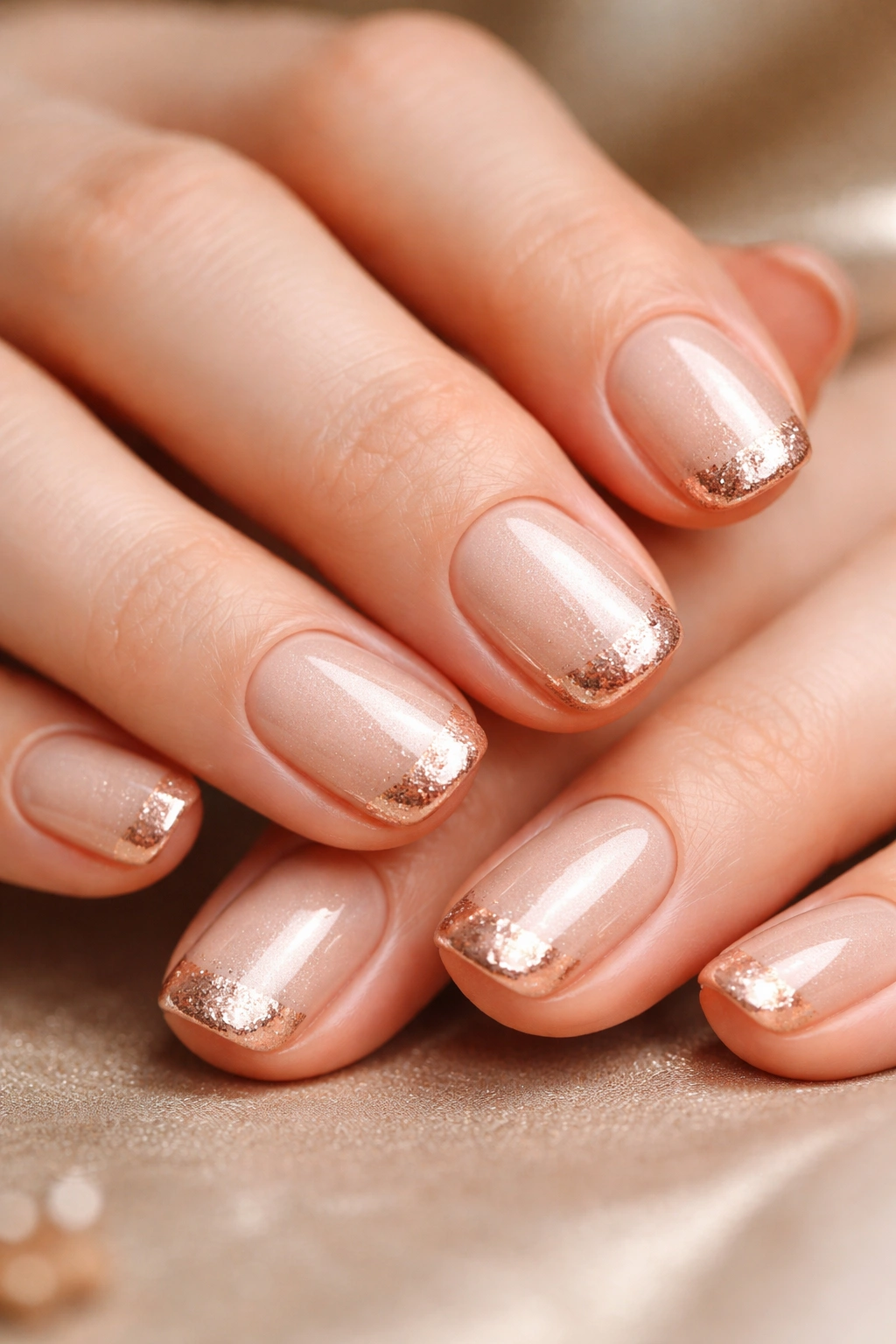 Close-up of champagne and rose gold nails on short squoval nails