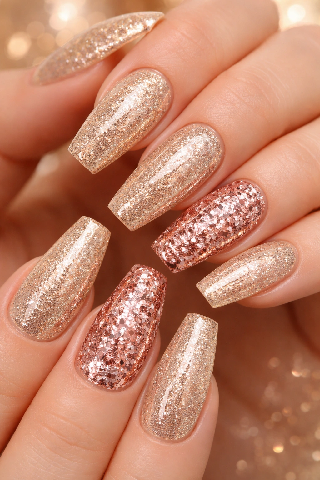 Close-up of champagne gold glitter nails with rose gold accent nails on a hand, glossy finish