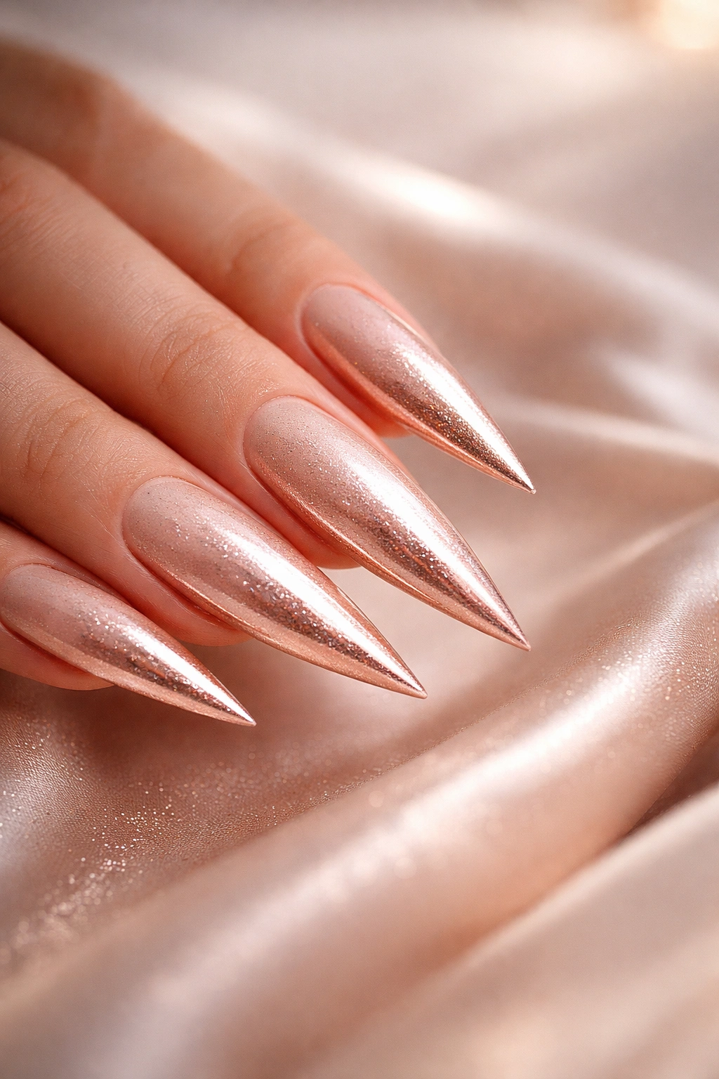 Close-up champagne-to-rose-gold ombre stiletto heel with luminous metallic sheen