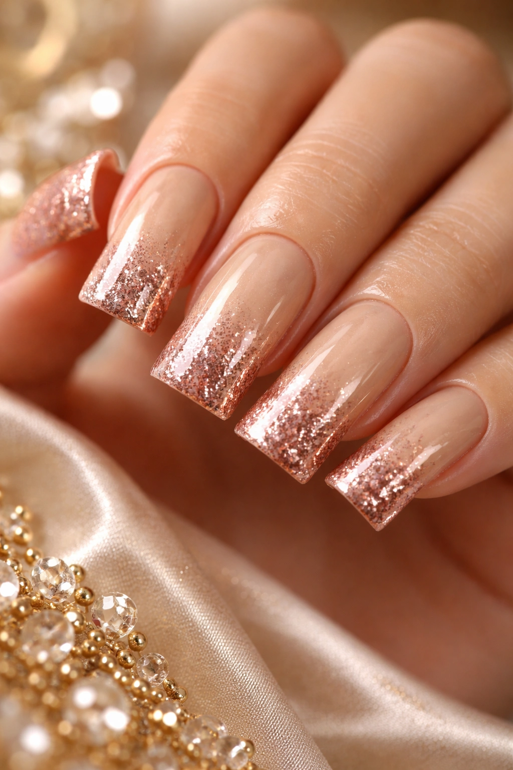 Champagne to rose gold ombre nails with high-gloss finish