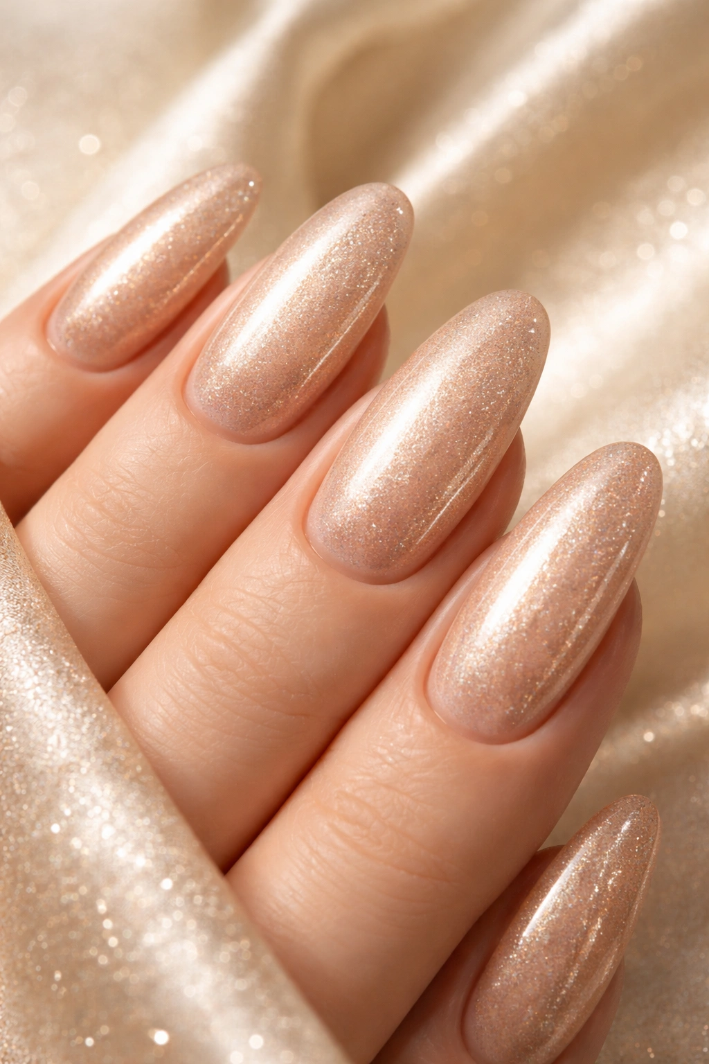 Long oval champagne nails with subtle shimmer and warm glow