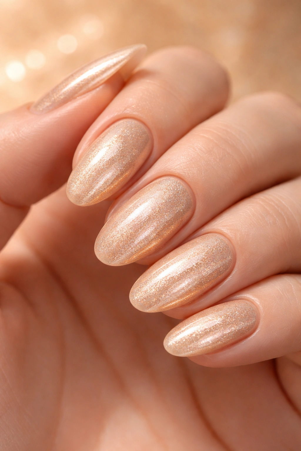 Close-up of champagne shimmer nails with warm golden glow