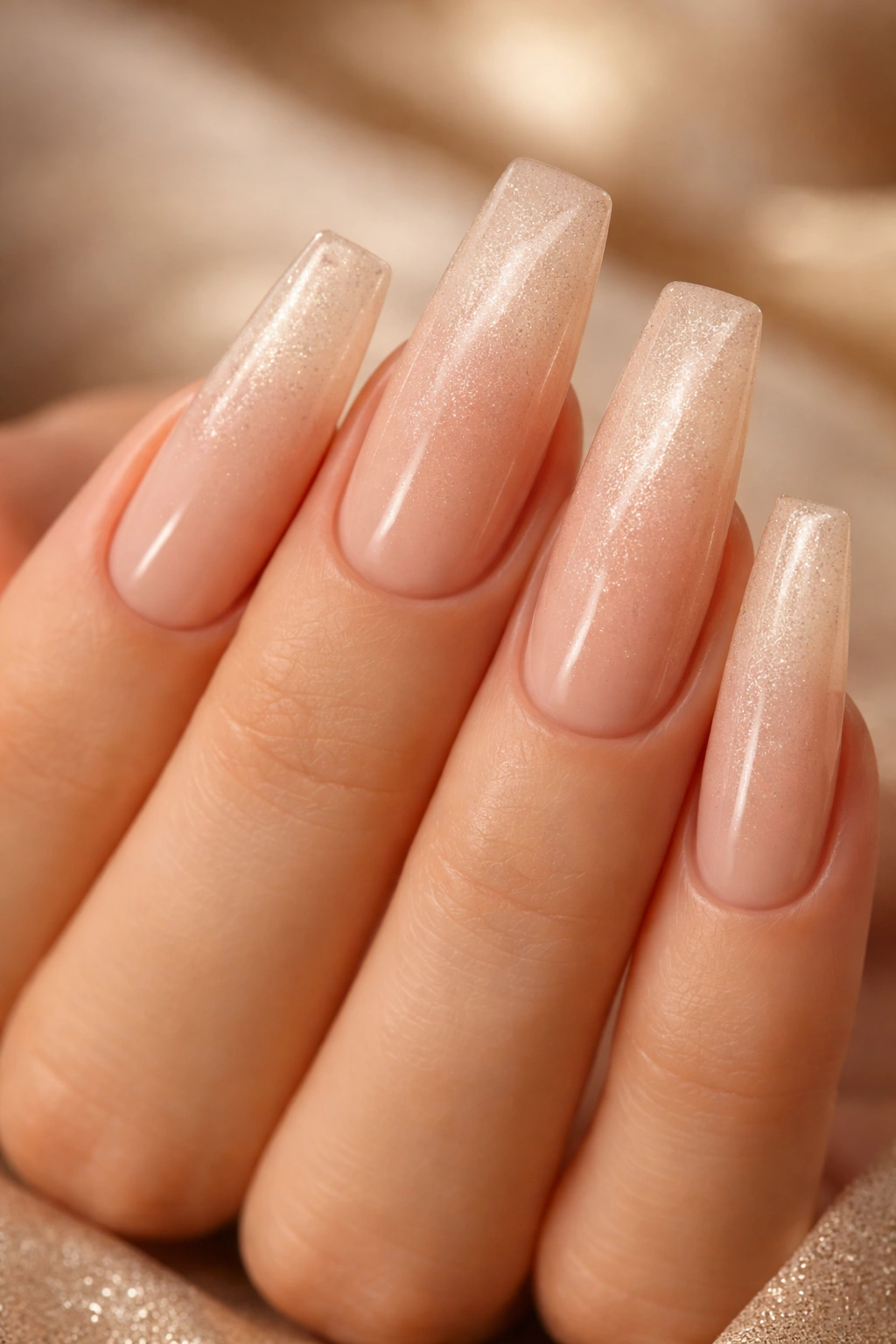 Champagne shimmer nails on long coffin nails with subtle sparkle