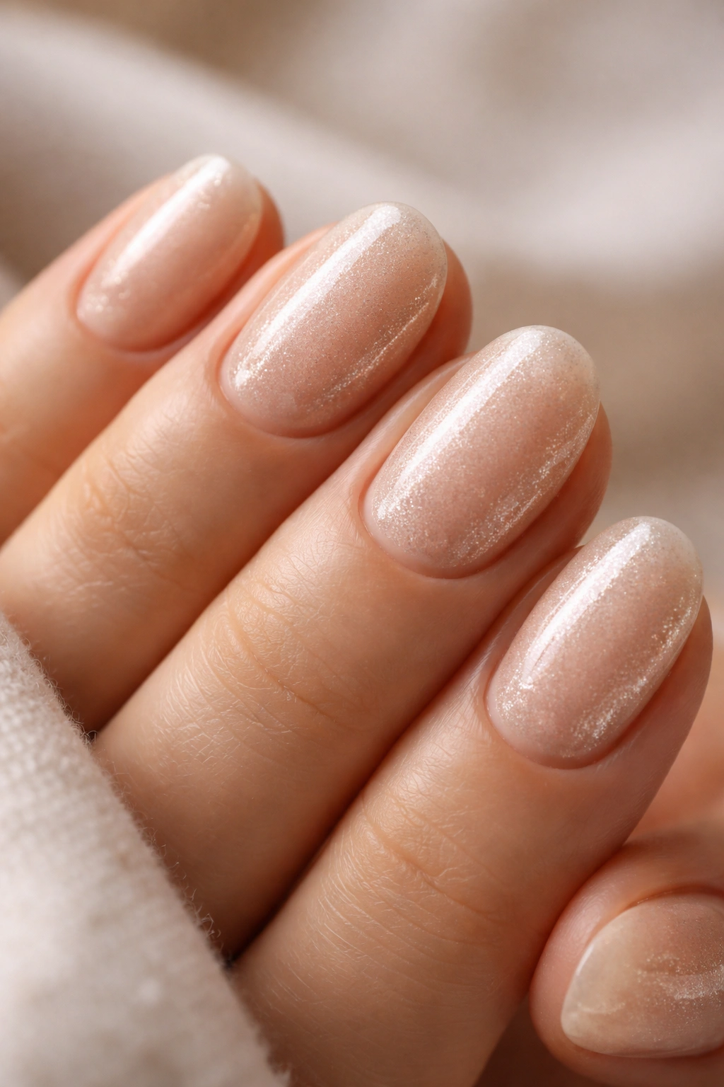 Short oval nails with champagne shimmer on nude base