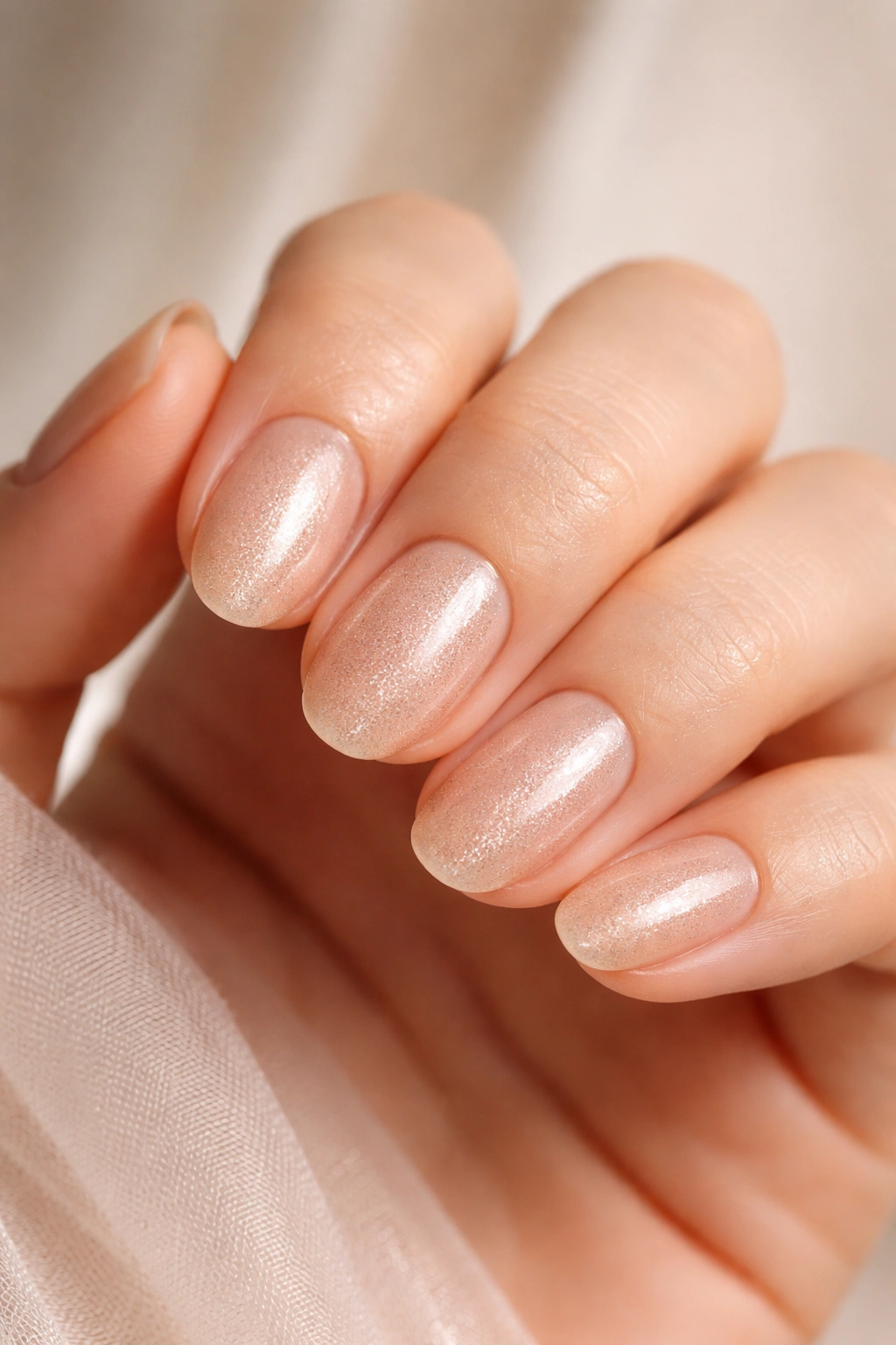 Close-up of short oval nails with champagne shimmer on nude base