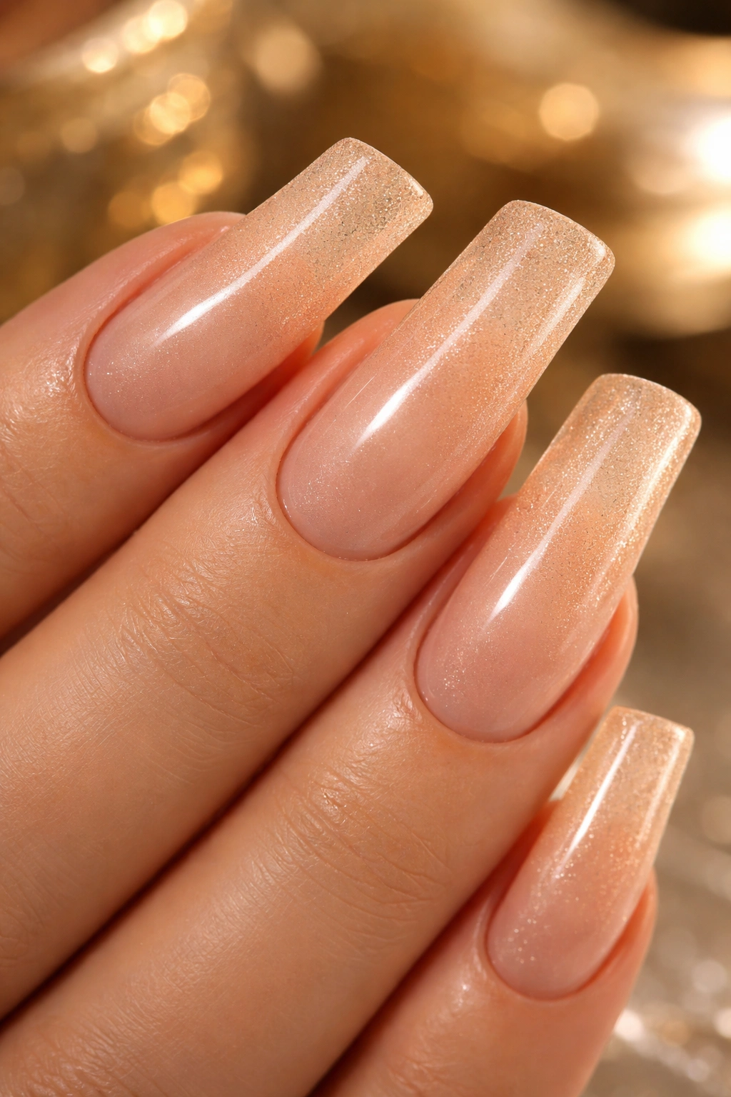 Champagne shimmer duck nails with warm golden glow.