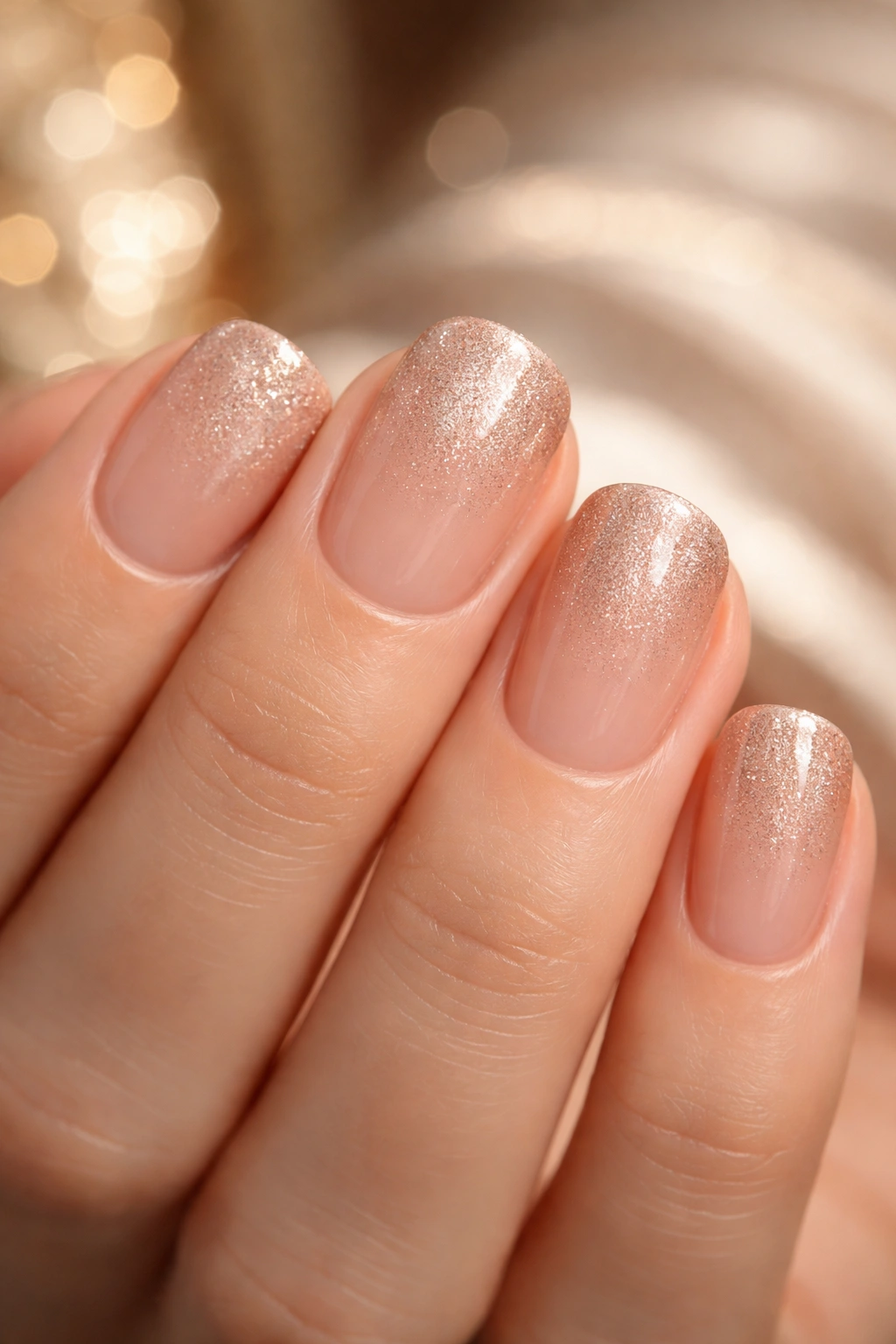 Close-up of nails with fine champagne shimmer on nude base