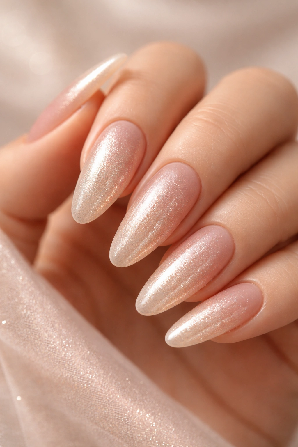 Close-up of long oval nails with champagne shimmer fading to nude gradient