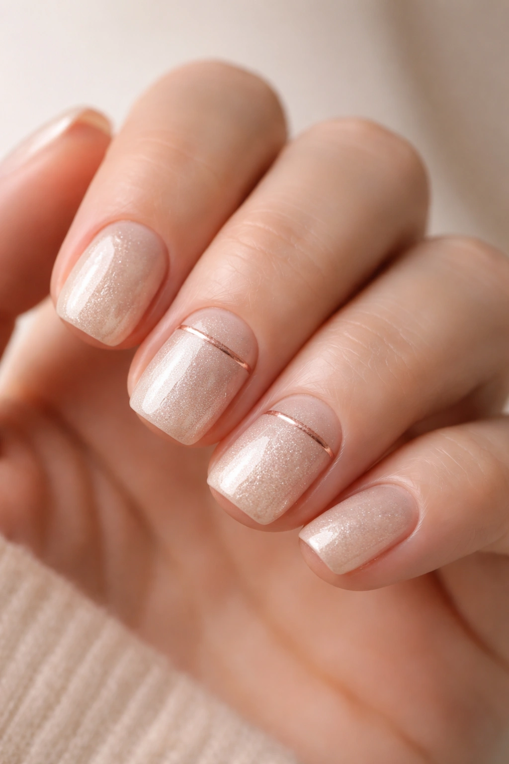 Close-up of champagne shimmer squoval nails with a rose gold linear accent