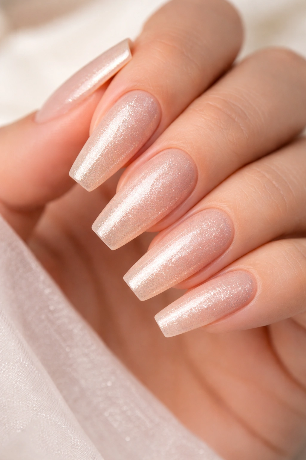Nude-toned champagne shimmer on medium coffin nails