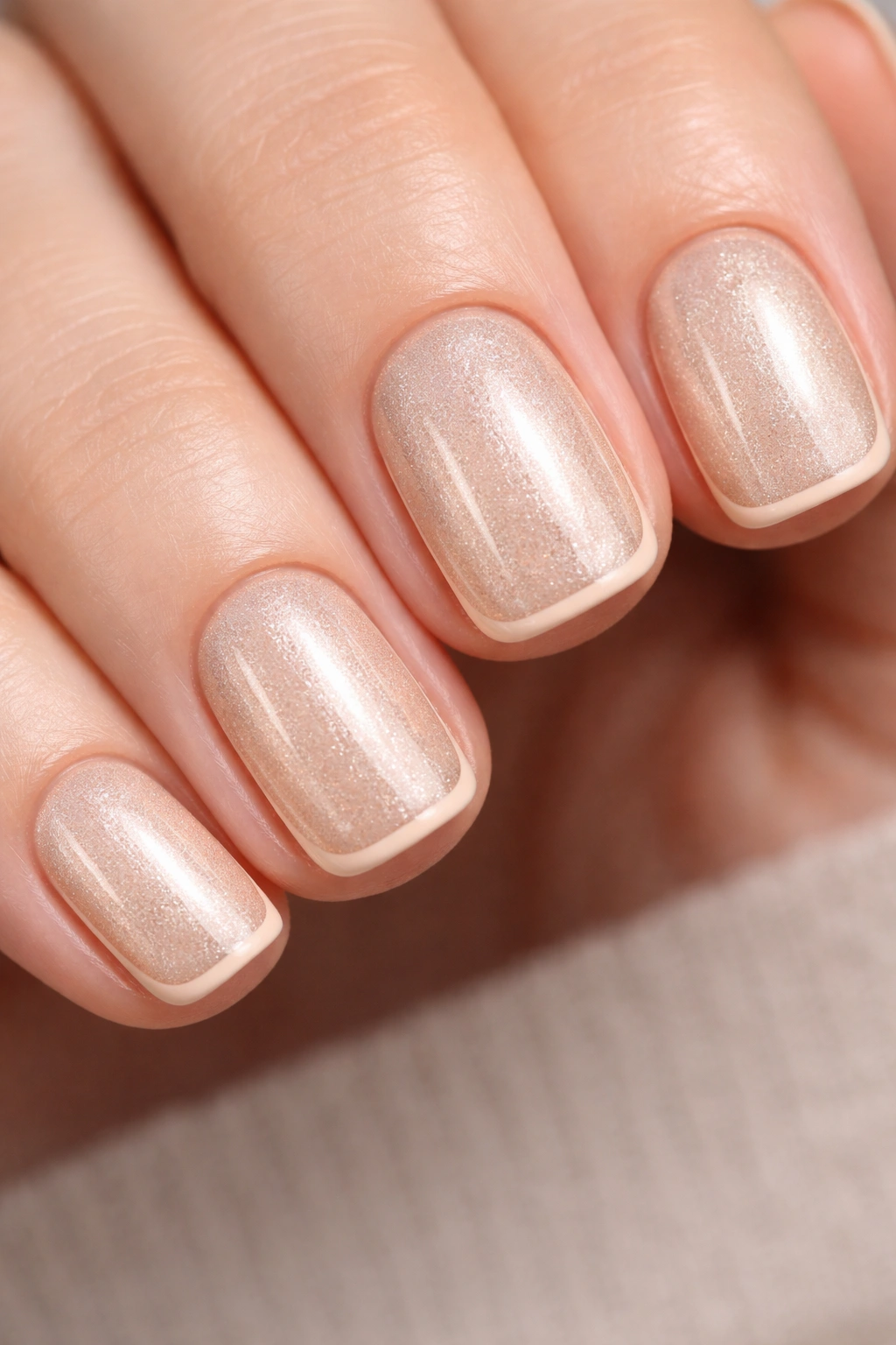 Champagne shimmer nails with a subtle nude outline around the edges