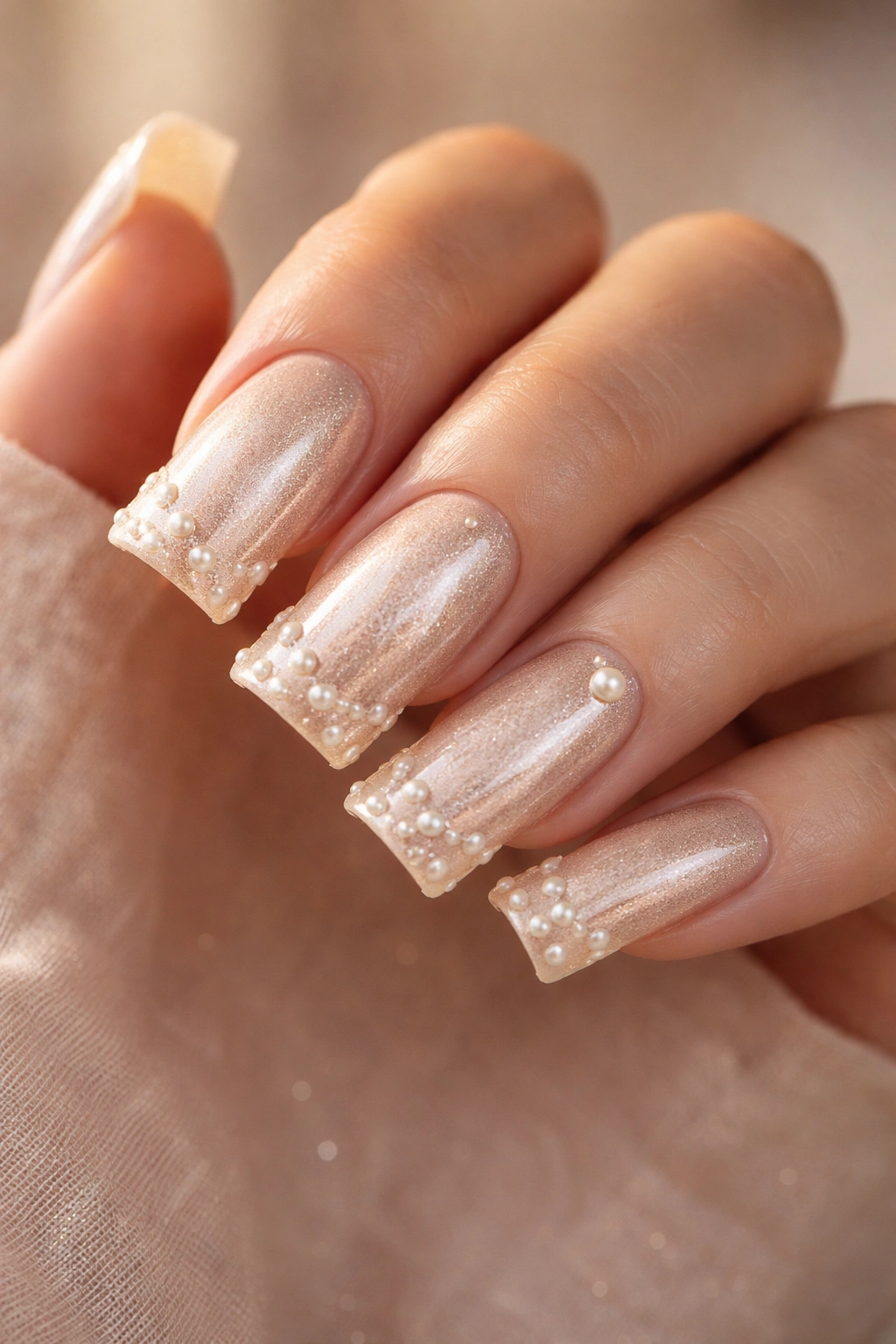Duck nails with champagne shimmer and subtle pearl accents.