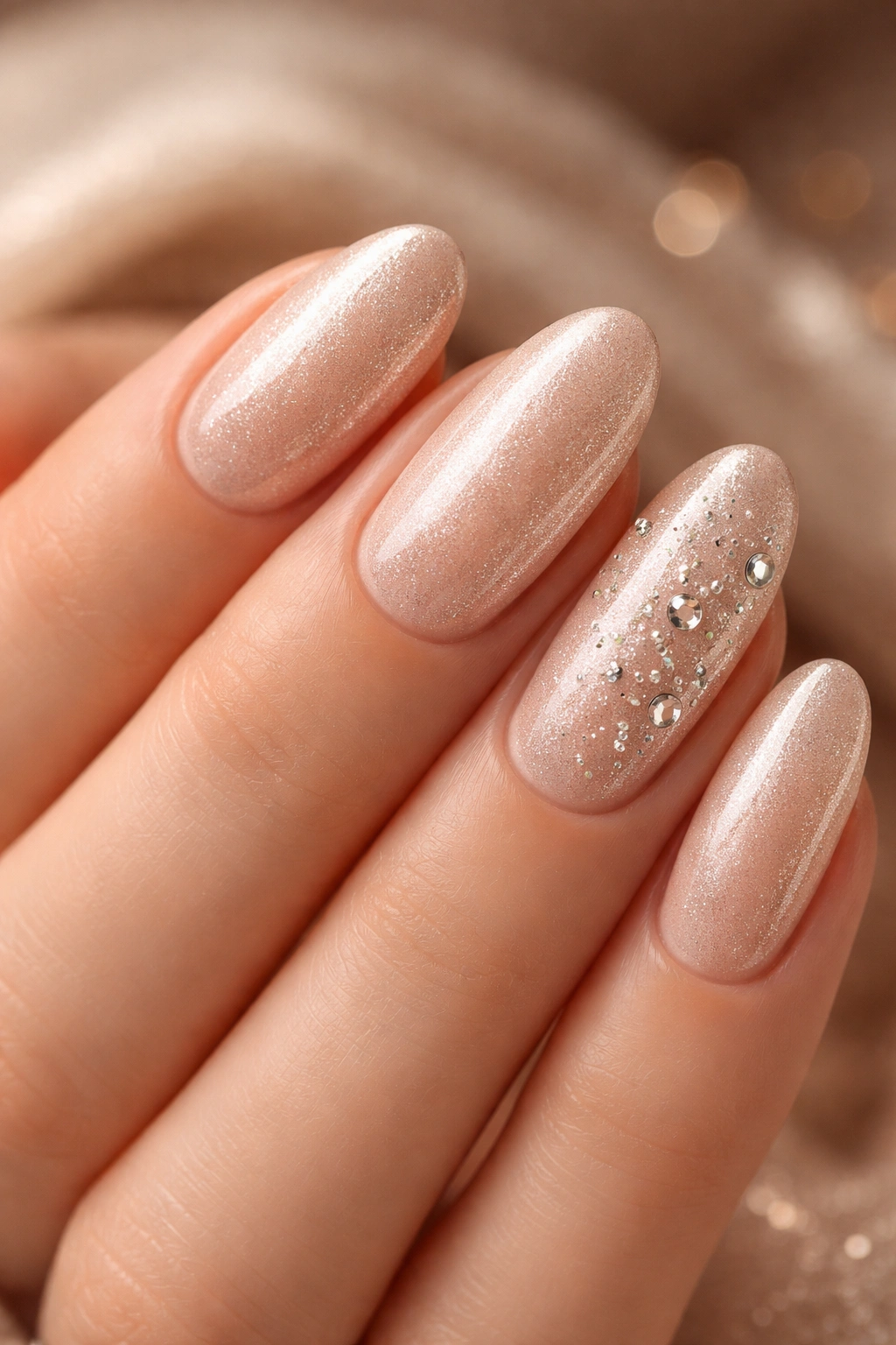 Close-up of long oval nails with champagne shimmer and scattered rhinestones on accent nails