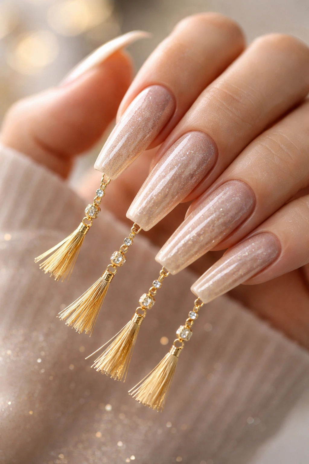 Close-up of champagne shimmer nails with gold tassel charms dangling from tips