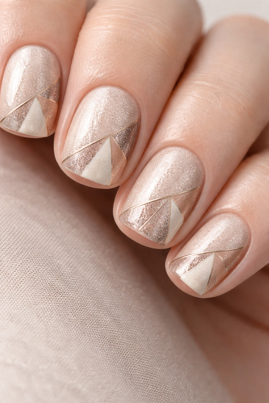 Close-up of champagne shimmer nails with geometric triangles.