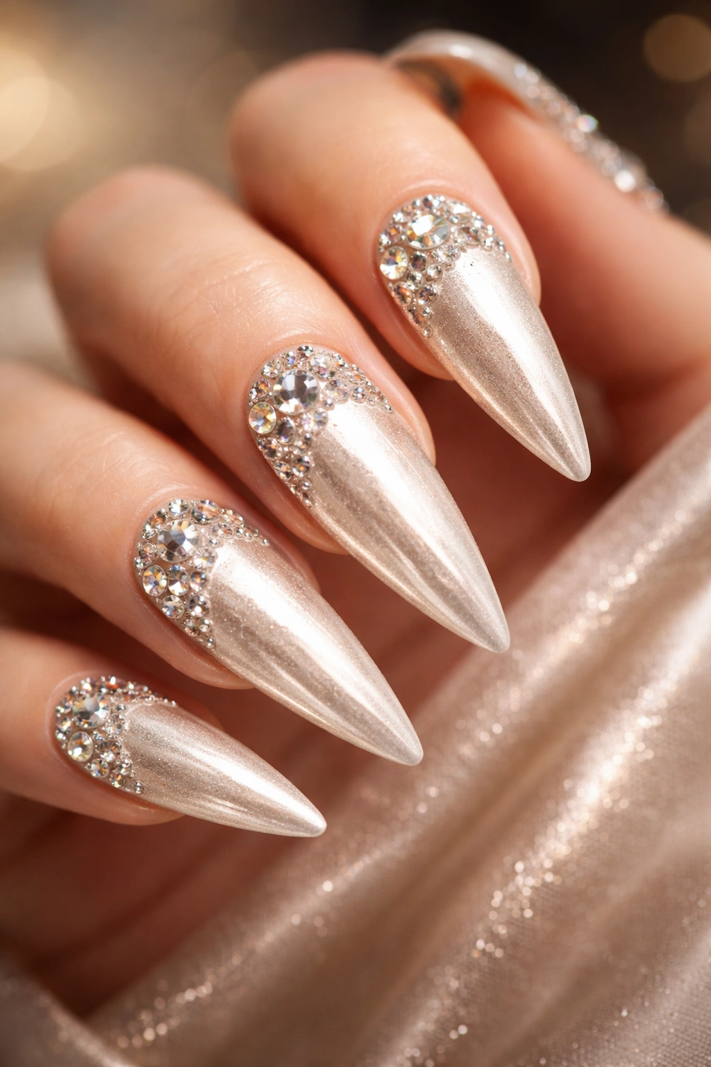 Champagne silk textured nails with Swarovski crystals