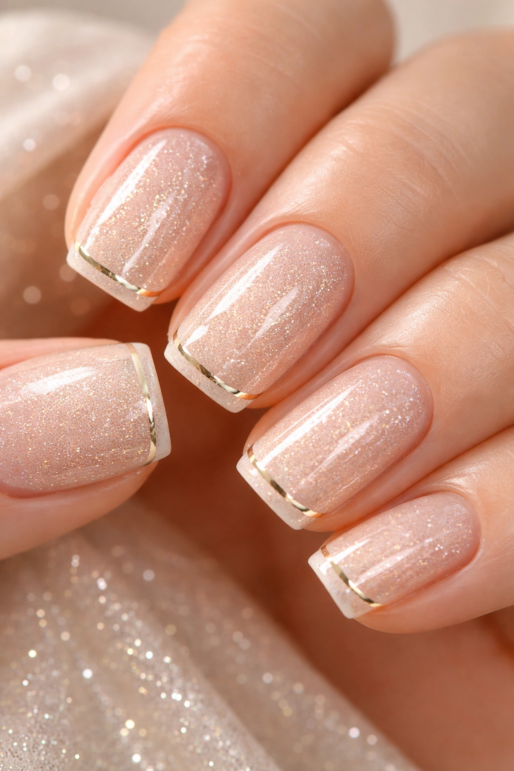 Short squoval nails with champagne sparkle and metallic accent line