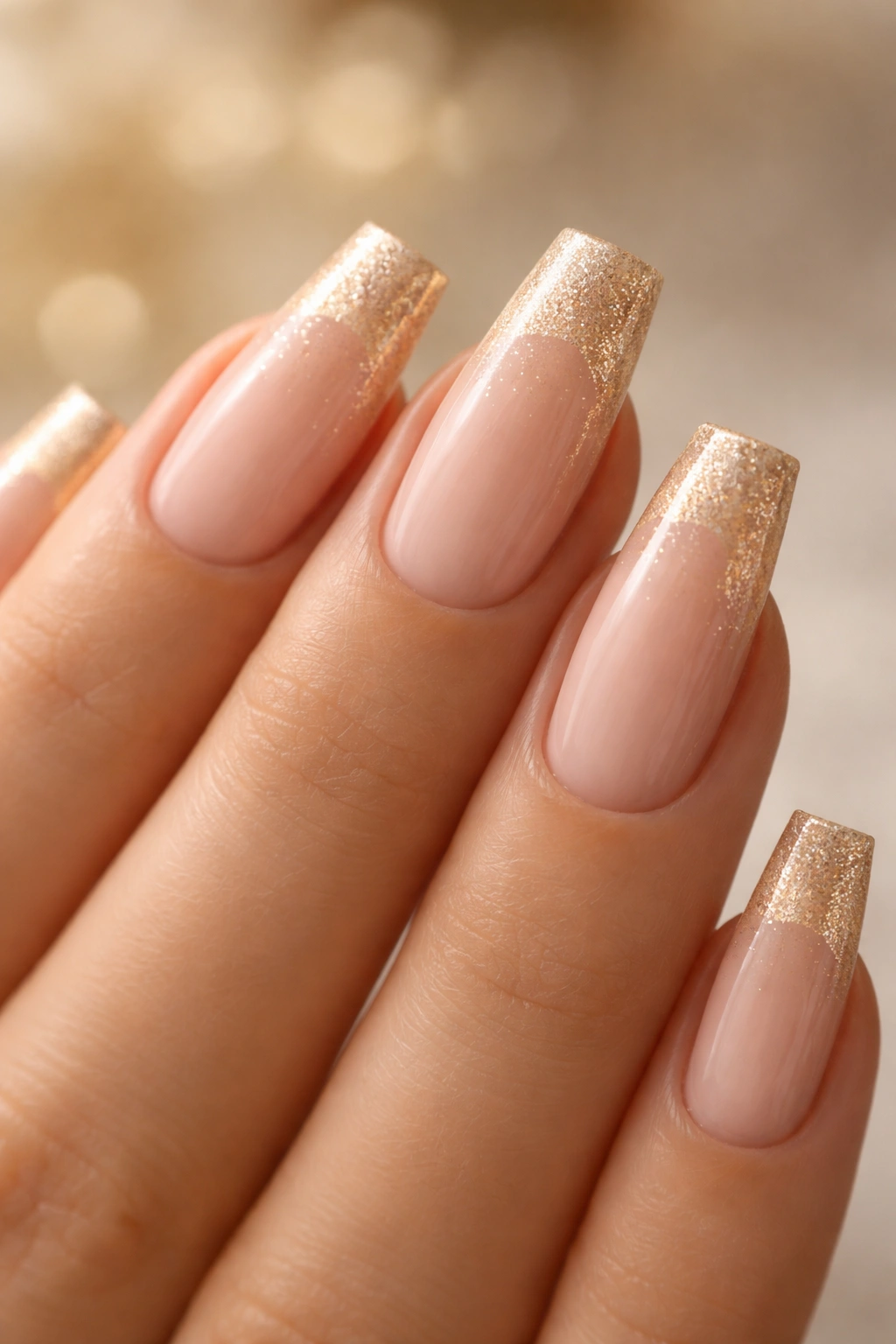 Nails with champagne sparkle tips on pale pink base