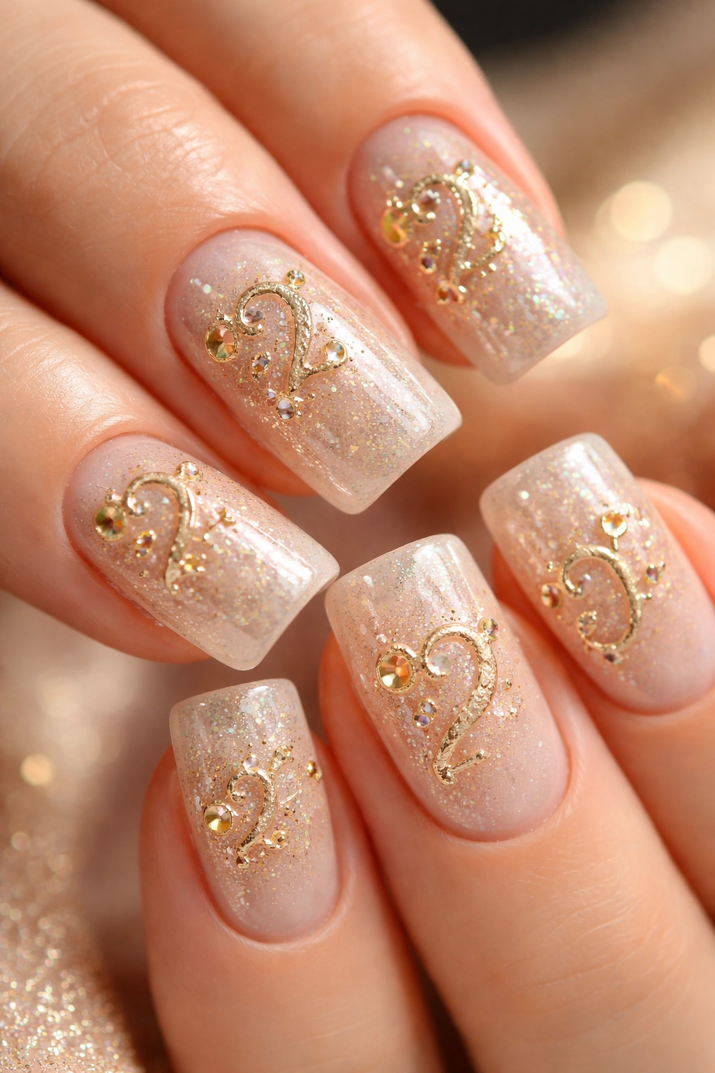 Short duck nails with champagne shimmer and gold accents suggesting numerals