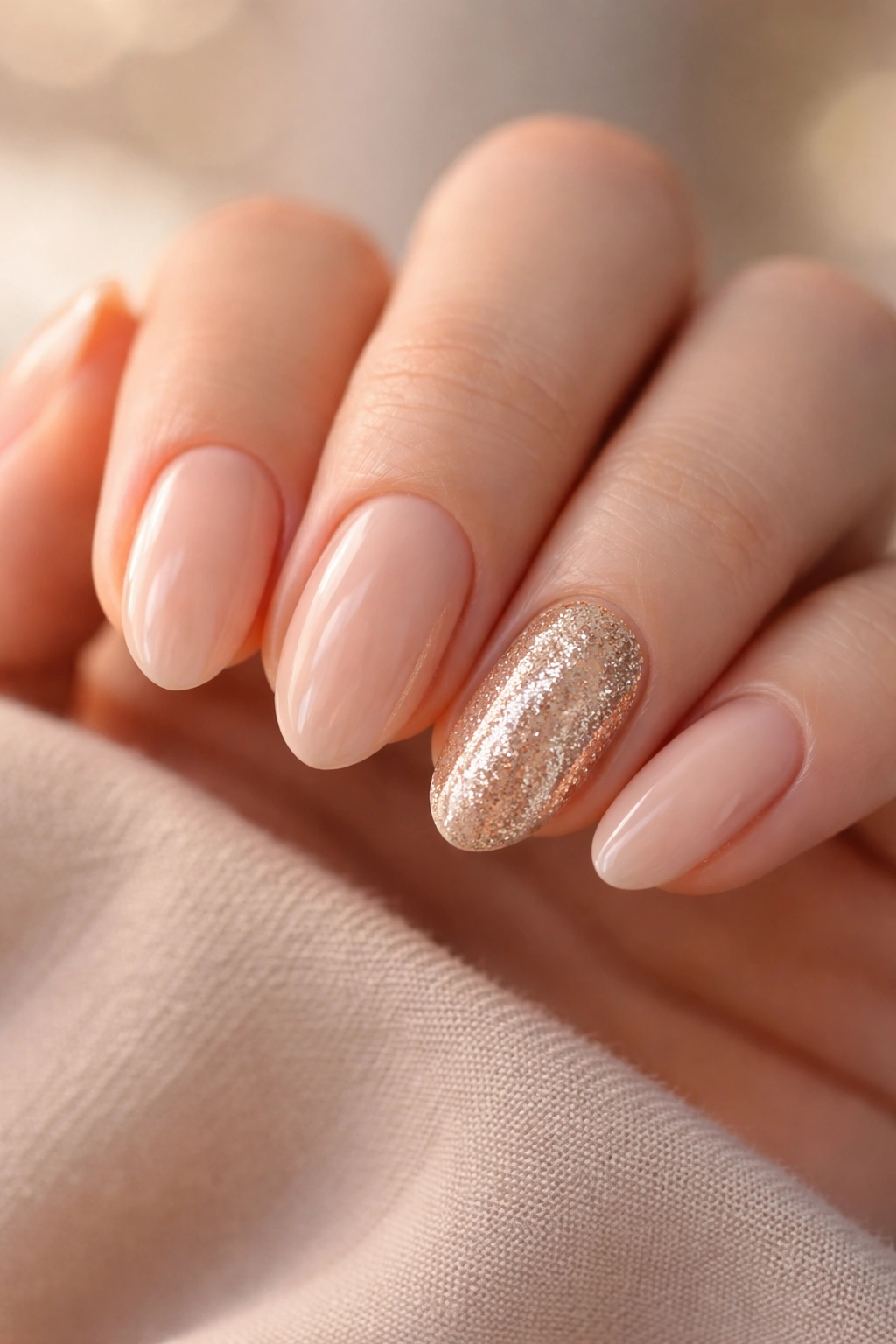 Close-up of short almond nails with champagne sparkle accents on nude base, warm studio lighting