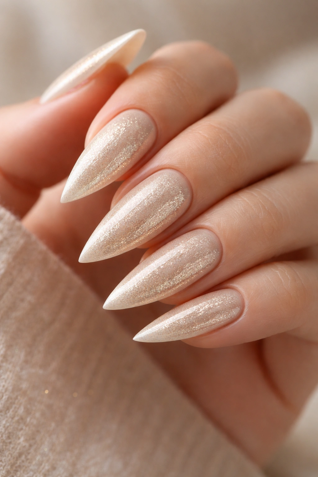 Close-up of pale champagne stiletto nails with subtle sparkle on a hand