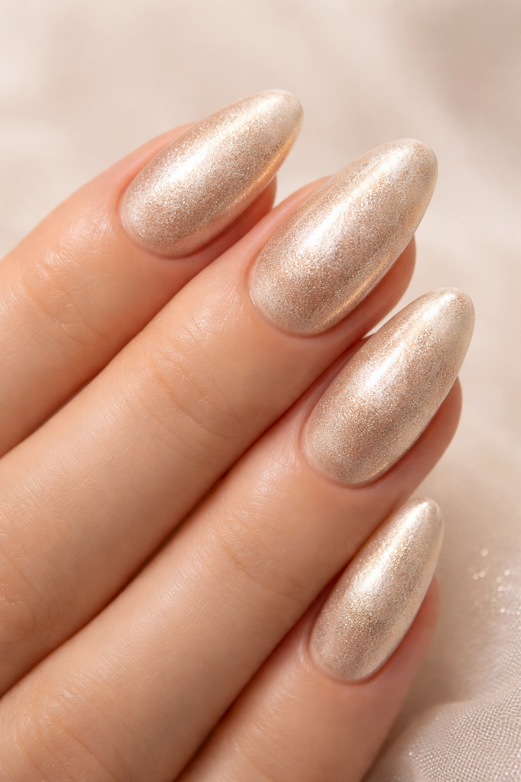Close-up of champagne velvet nails with soft golden shimmer