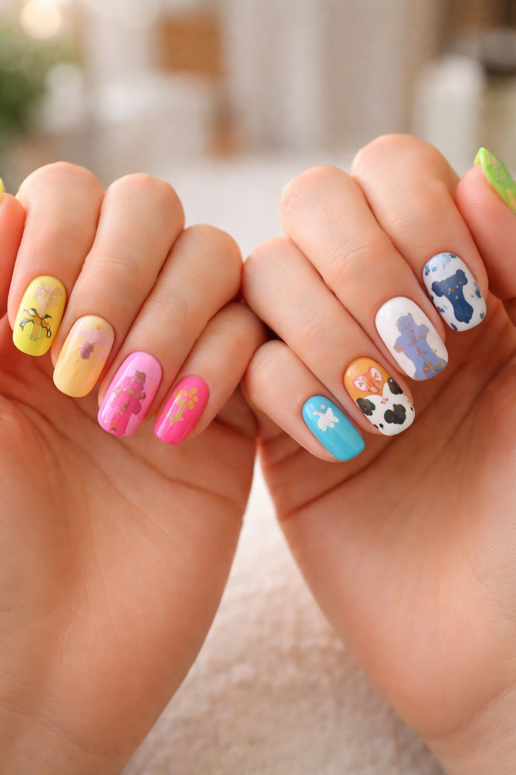 Two hands with character-inspired nail art featuring silhouettes of iconic duos