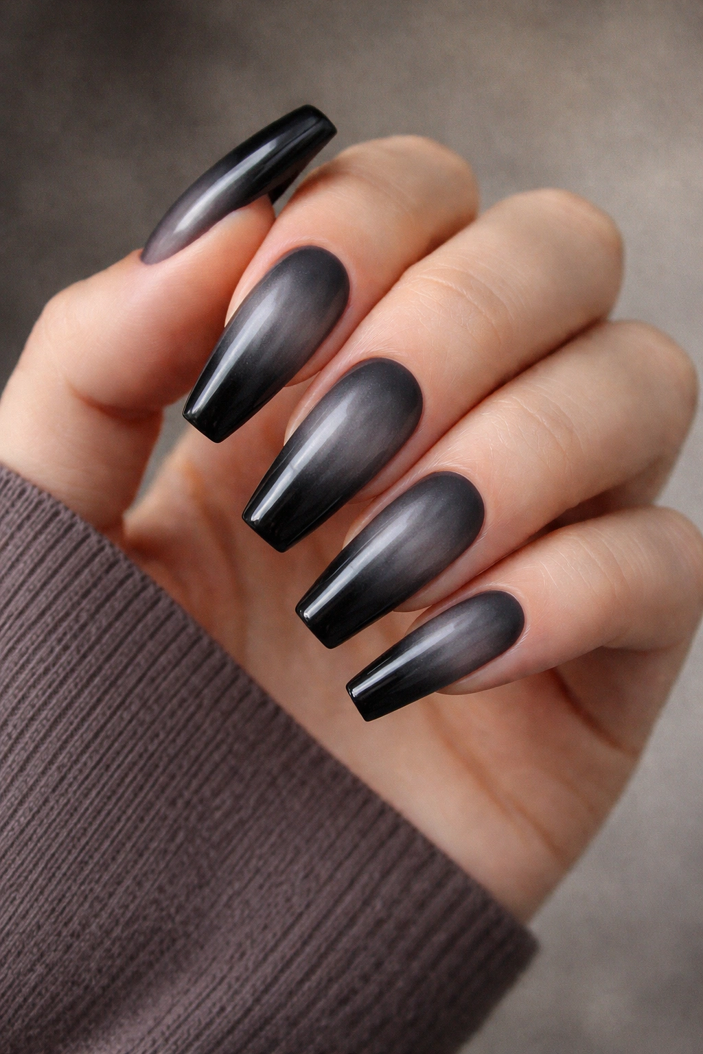 Charcoal to black gradient coffin nails with dark tips