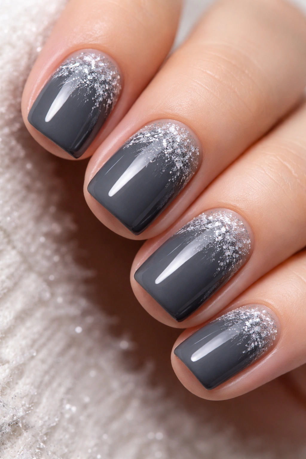 Charcoal gray nails with frost ice-crystal details near cuticle