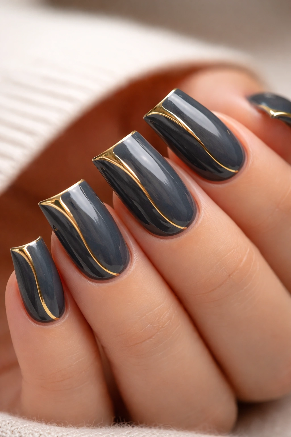 Charcoal gray duck nails with a gold detail.