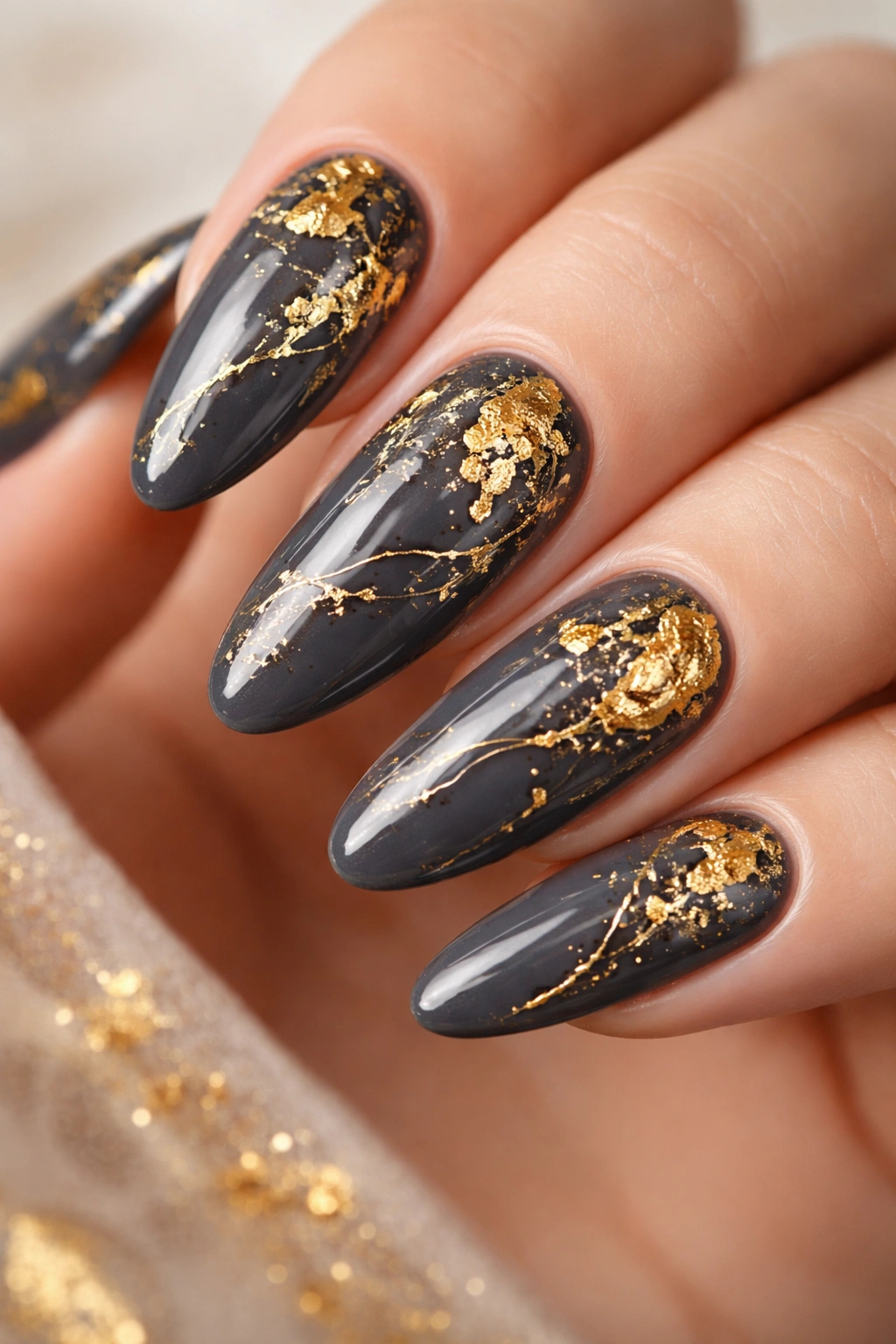 Close-up of long oval acrylic nails with charcoal gray base and organic gold leaf accents