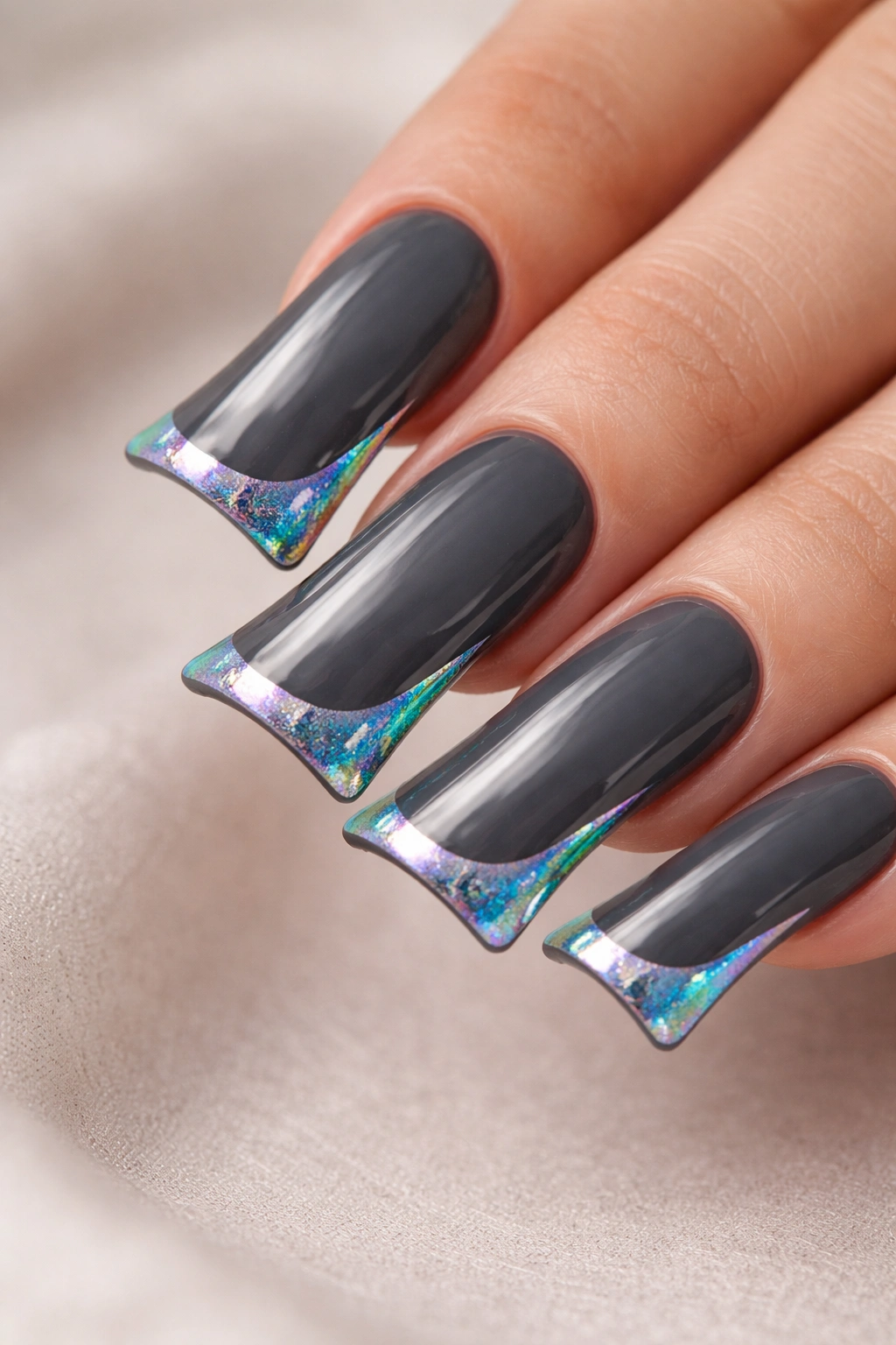 Close-up of charcoal gray curved duck nails with iridescent foil edge.