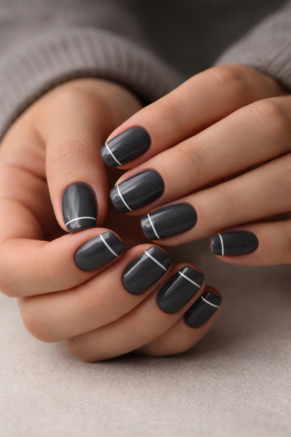 Close-up of charcoal gray squoval nails with a thin white line